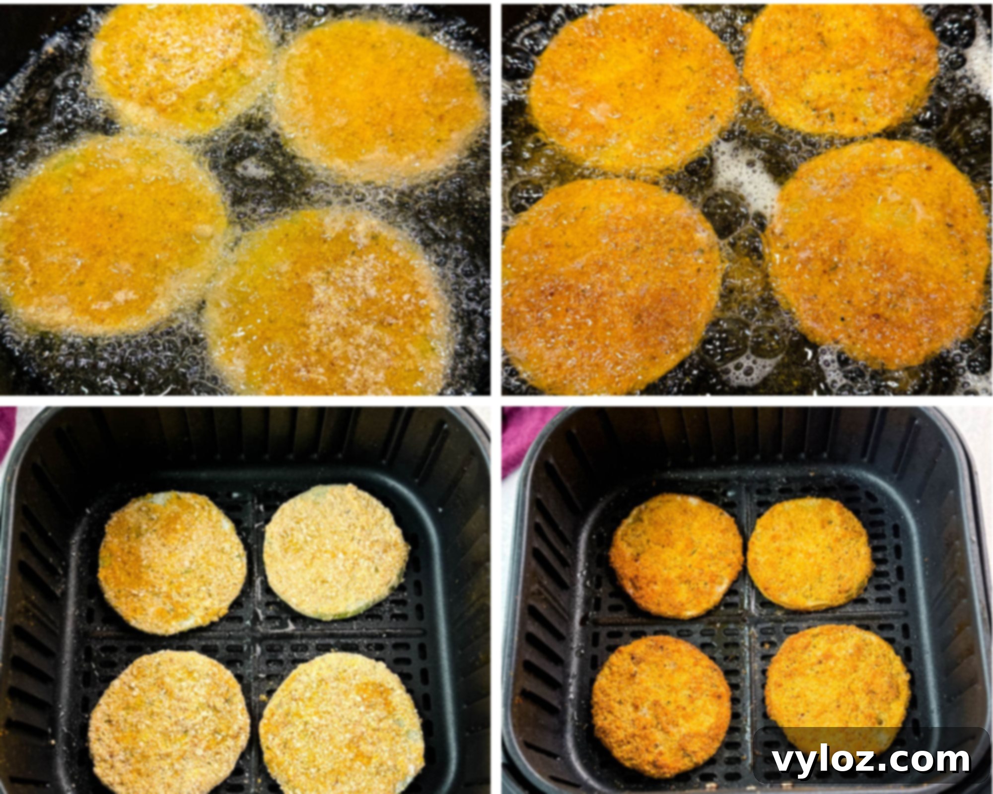Southern Charm in Every Slice 7 Side-by-side comparison of fried green tomatoes in hot oil and in an air fryer basket, showing the difference in crisping methods and texture.