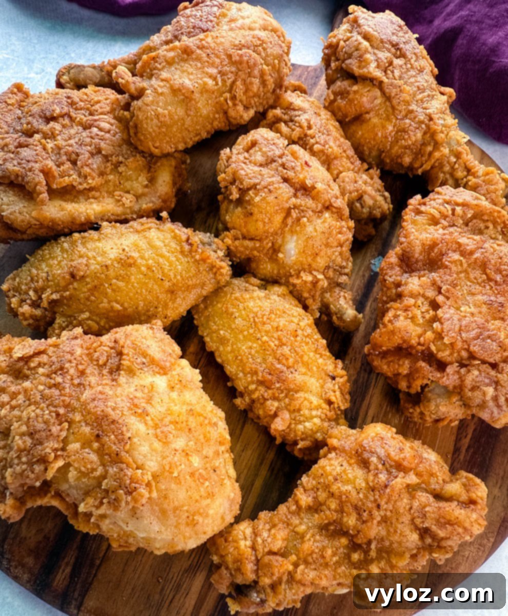 Close-up view of several pieces of golden, crunchy fried chicken—wings, drumsticks, and thighs—arranged on a wooden serving board with a purple napkin in the background.