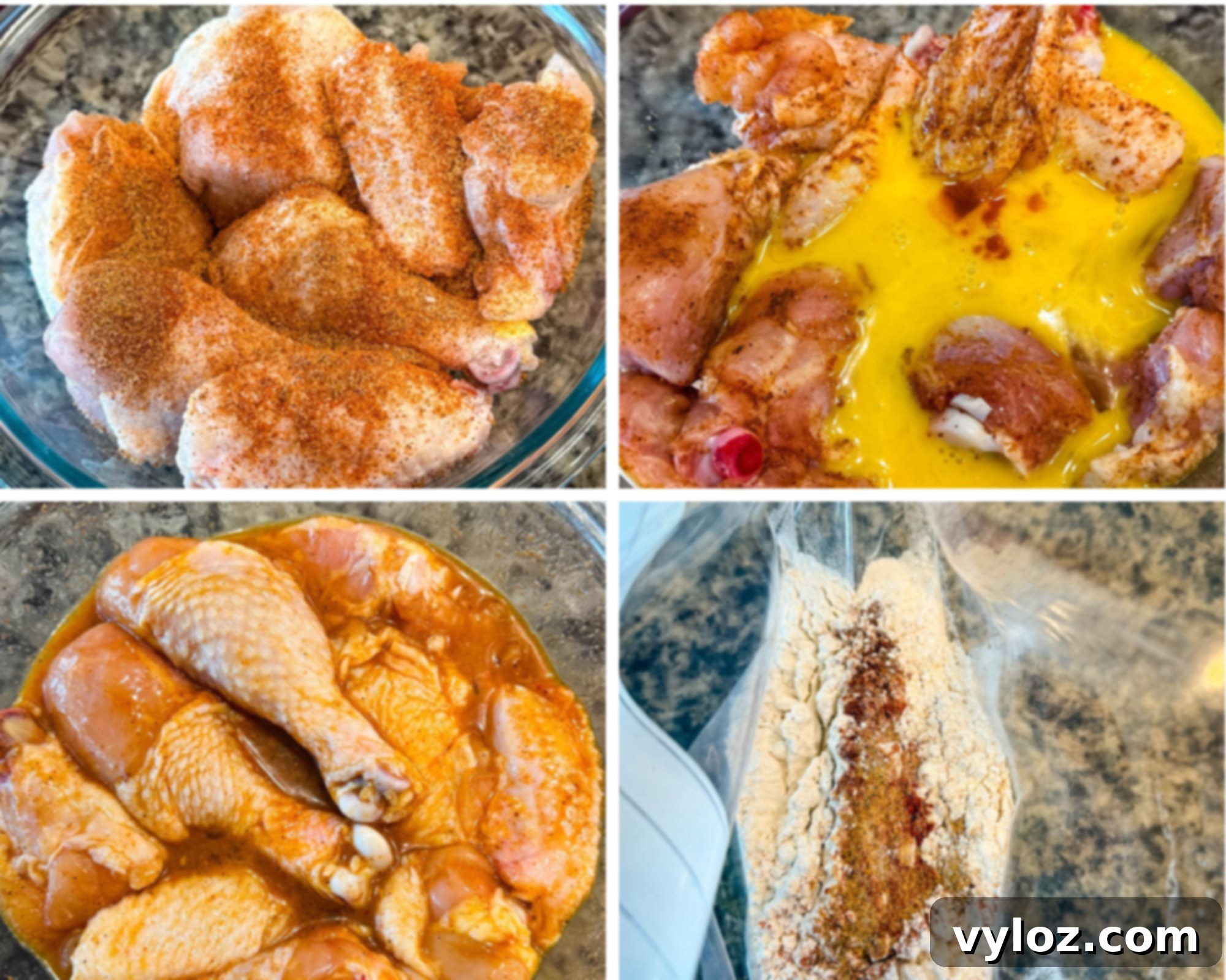 Top left: Raw chicken pieces sprinkled generously with seasoning in a bowl. Top right: Chicken being mixed with beaten egg and hot sauce. Bottom left: Chicken soaking in the marinade. Bottom right: Flour and spices in a zip-top bag, ready for dredging