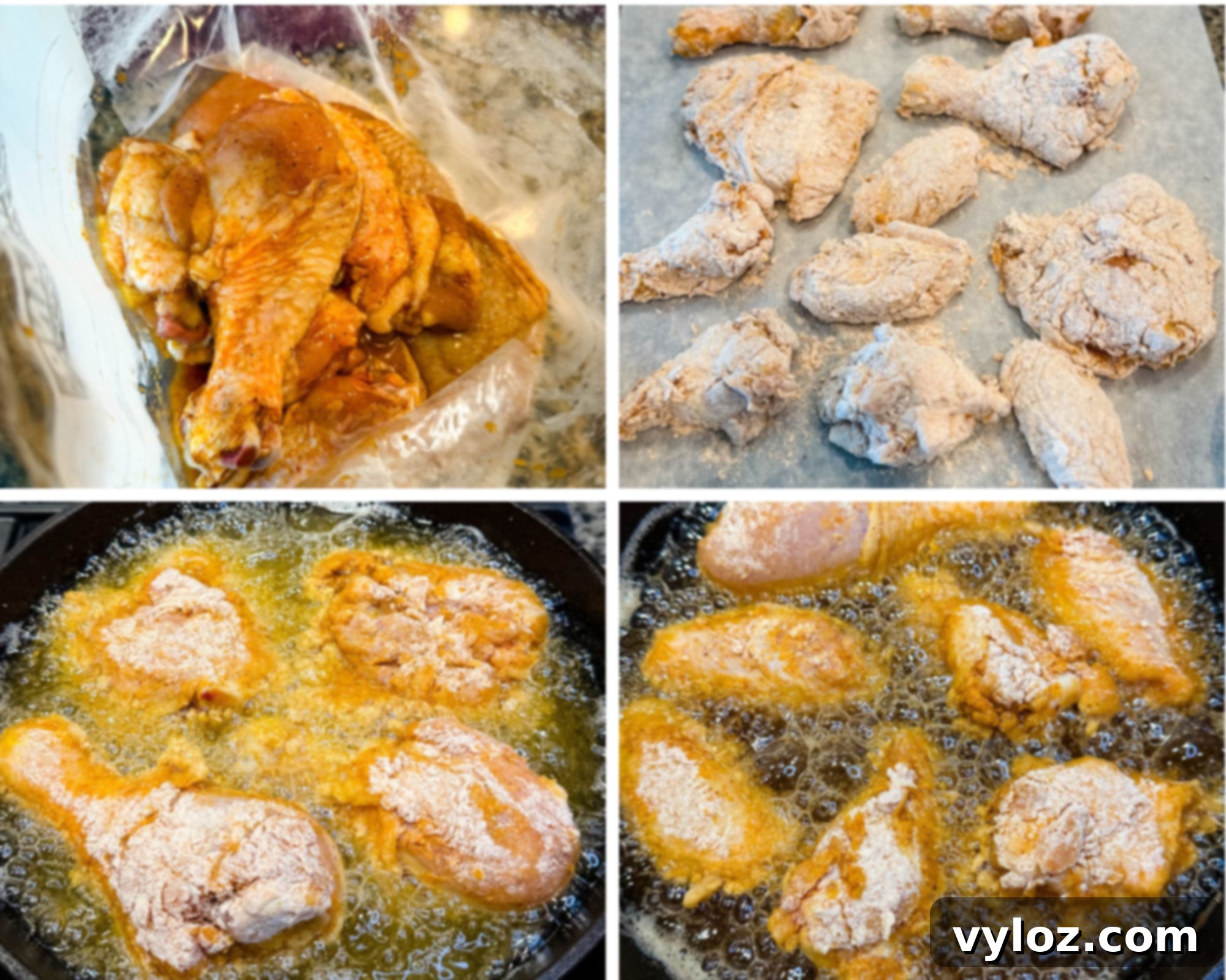 Top left: Seasoned chicken marinating in a zip-top bag. Top right: Breaded raw chicken pieces resting on parchment paper. Bottom left & right: Chicken pieces frying in hot oil in a cast iron skillet, bubbling as they cook to golden brown.