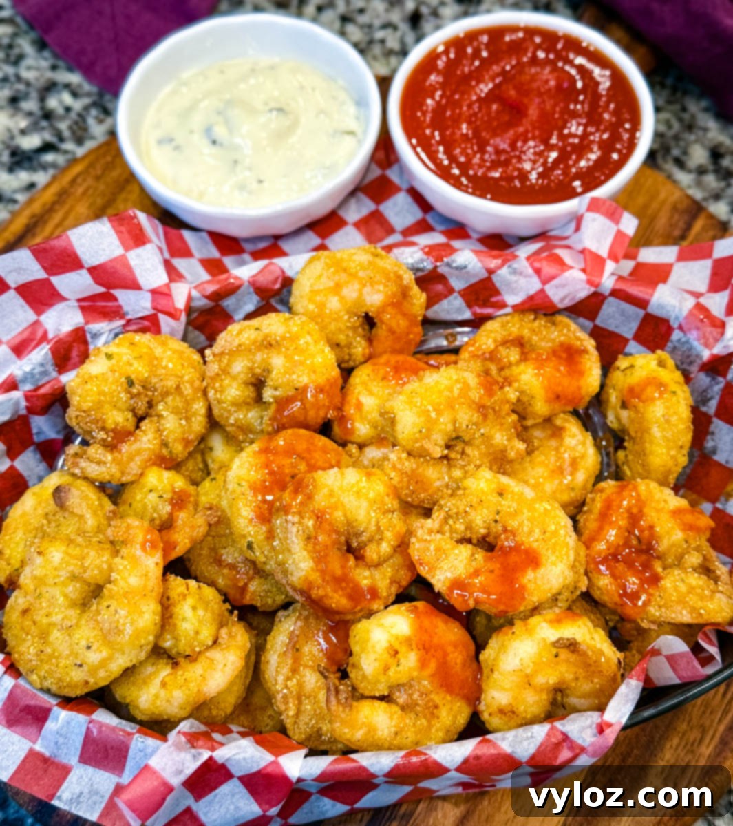 Close-up of crispy breaded fried shrimp in a basket, some topped with a drizzle of hot sauce, with dipping sauces blurred in the background.