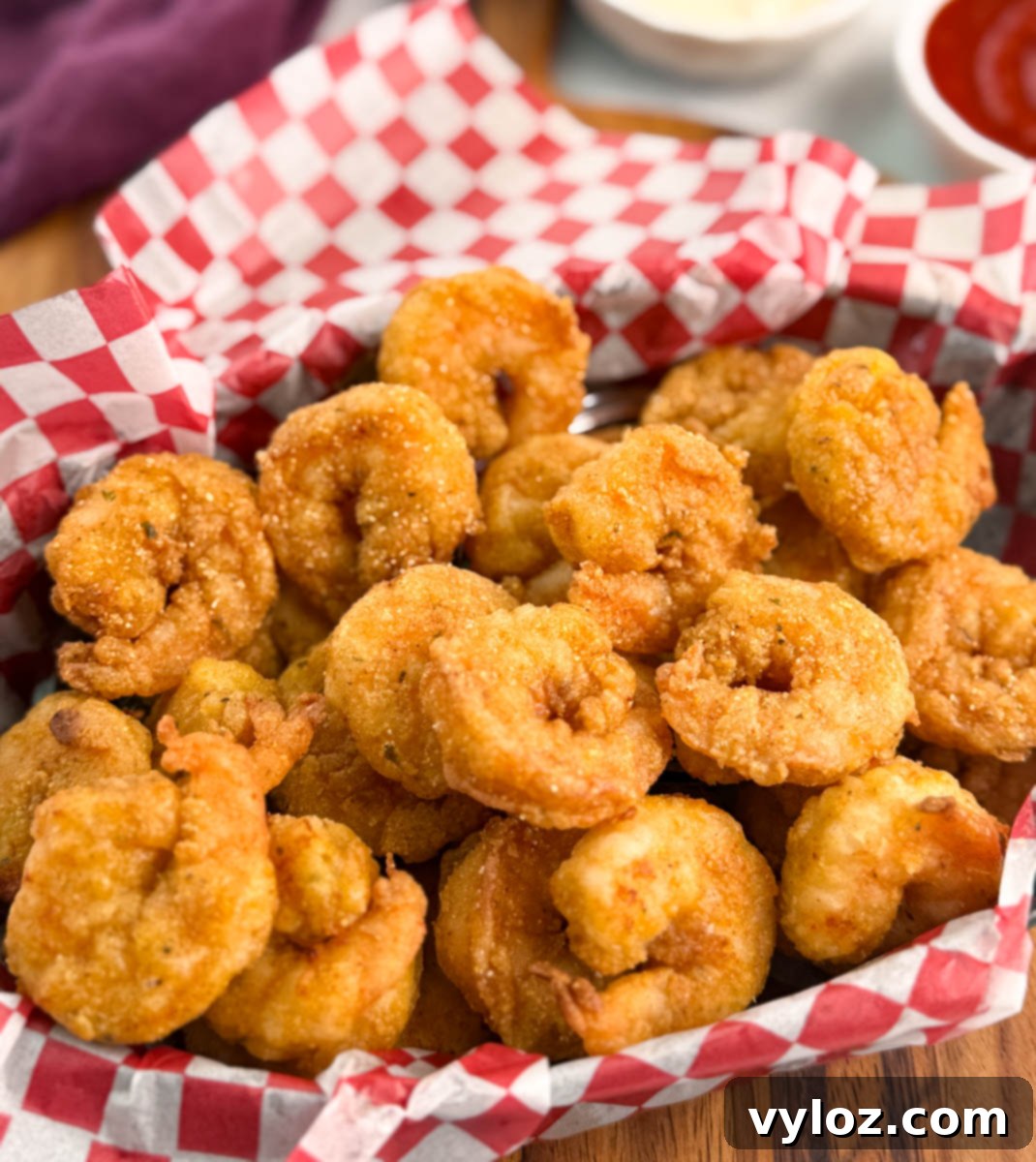 Wide-angle view of the shrimp basket on a round wooden board, surrounded by tartar sauce, cocktail sauce, and a folded purple cloth napkin.