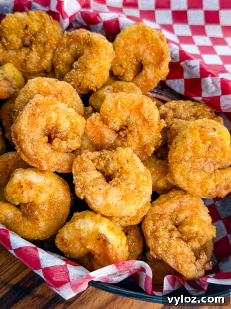 Fried shrimp in a basket lined with red and white paper, topped with hot sauce, with bowls of tartar sauce and cocktail sauce behind the basket.