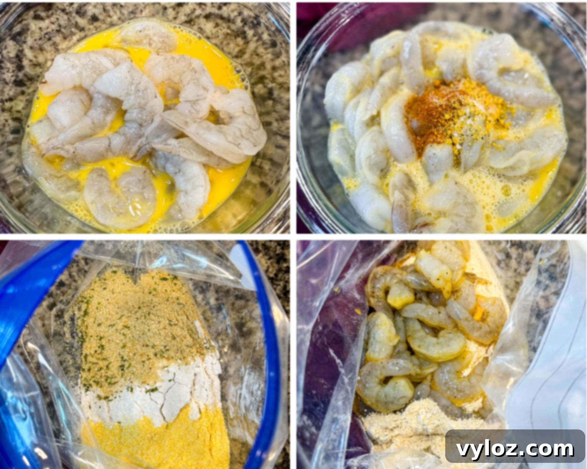 Four-panel collage showing raw shrimp in an egg wash, seasoned egg mixture, breading mix in a zip-top bag, and shrimp being coated in the bag—demonstrating the breading process start to finish.