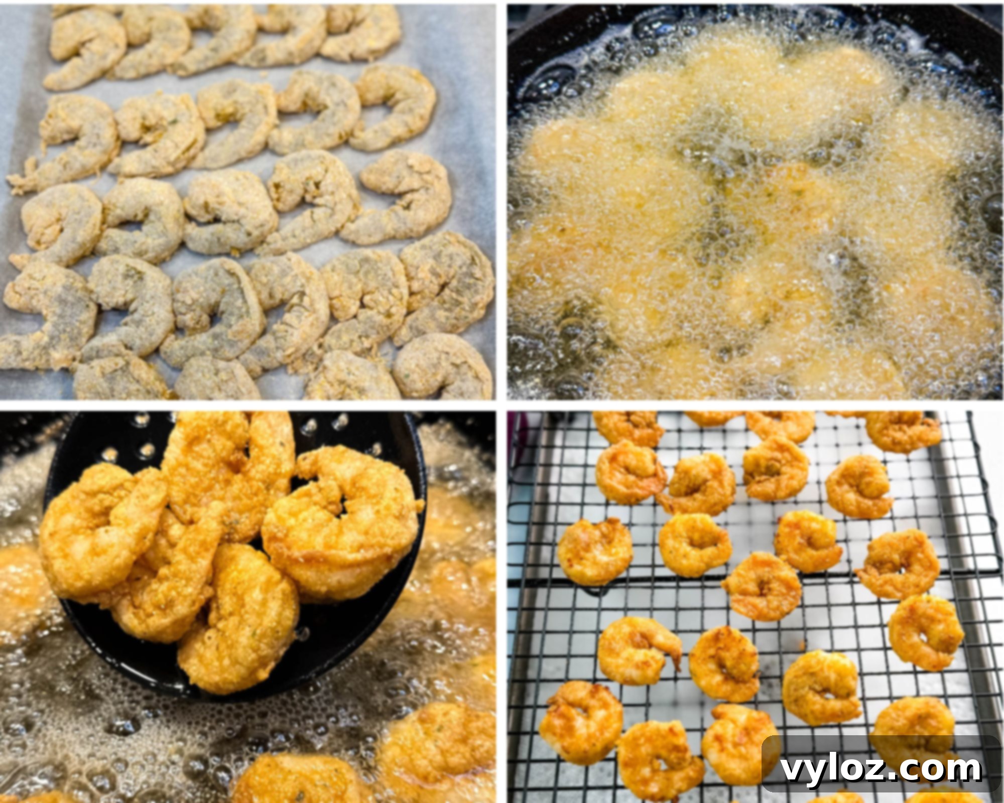 Step-by-step collage showing shrimp being breaded, fried, drained on a wire rack, and the final crispy shrimp. Highlights each stage of the cooking process clearly.