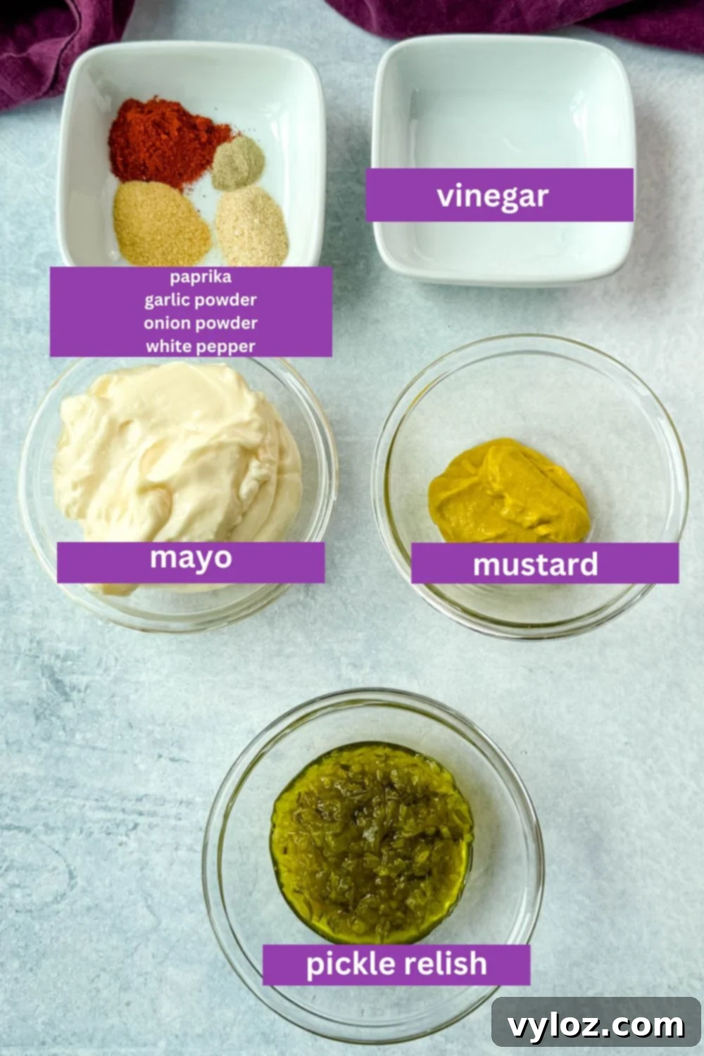 Labeled image showing ingredients for homemade Big Mac sauce, including mayo, mustard, sweet pickle relish, vinegar, and a dish of spices labeled paprika, garlic powder, onion powder, and white pepper. Each ingredient is clearly visible.