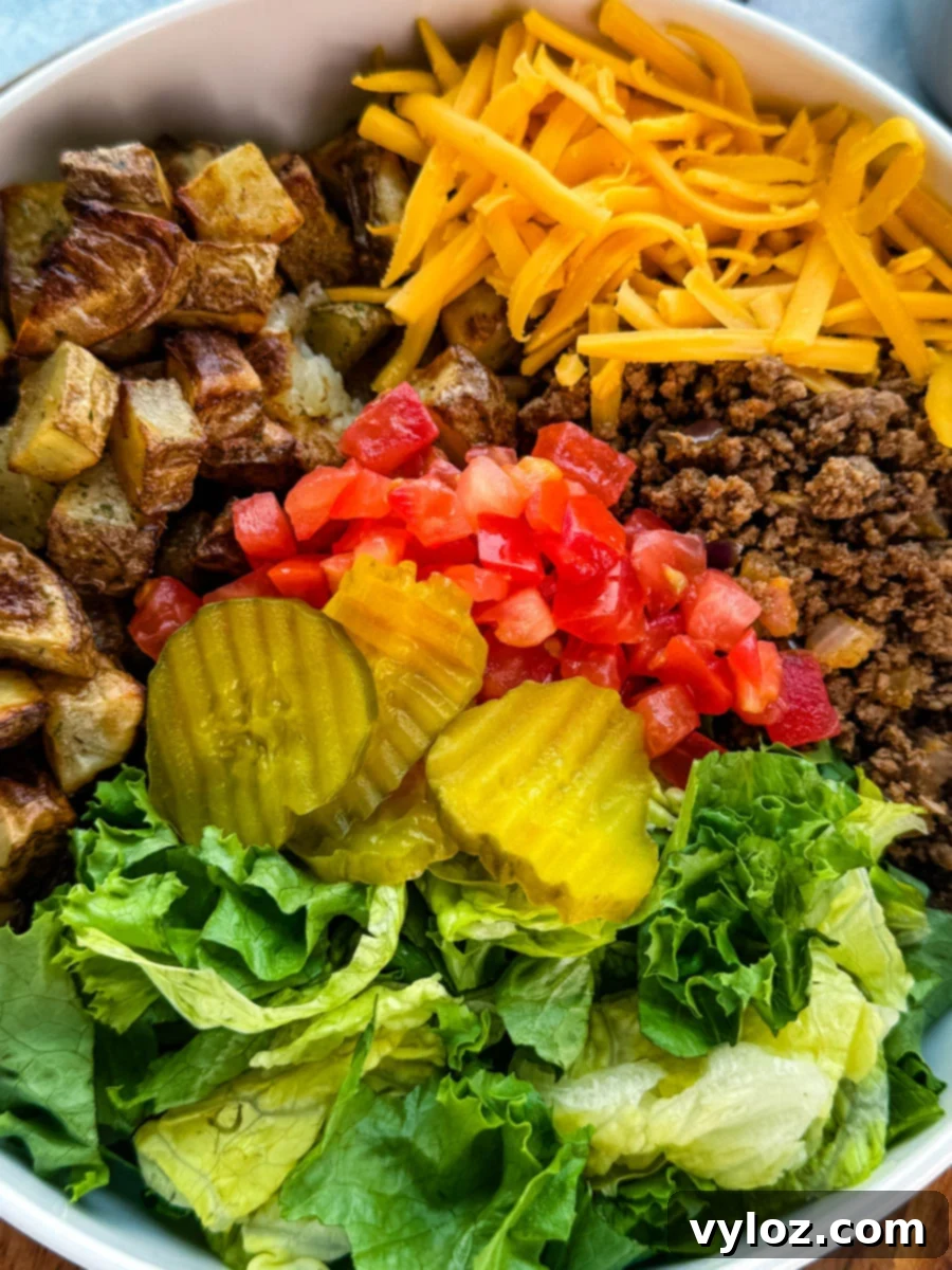 Tightly framed image focusing on crispy roasted potatoes, shredded cheddar, diced tomatoes, pickles, and fresh lettuce in a Big Mac bowl.
