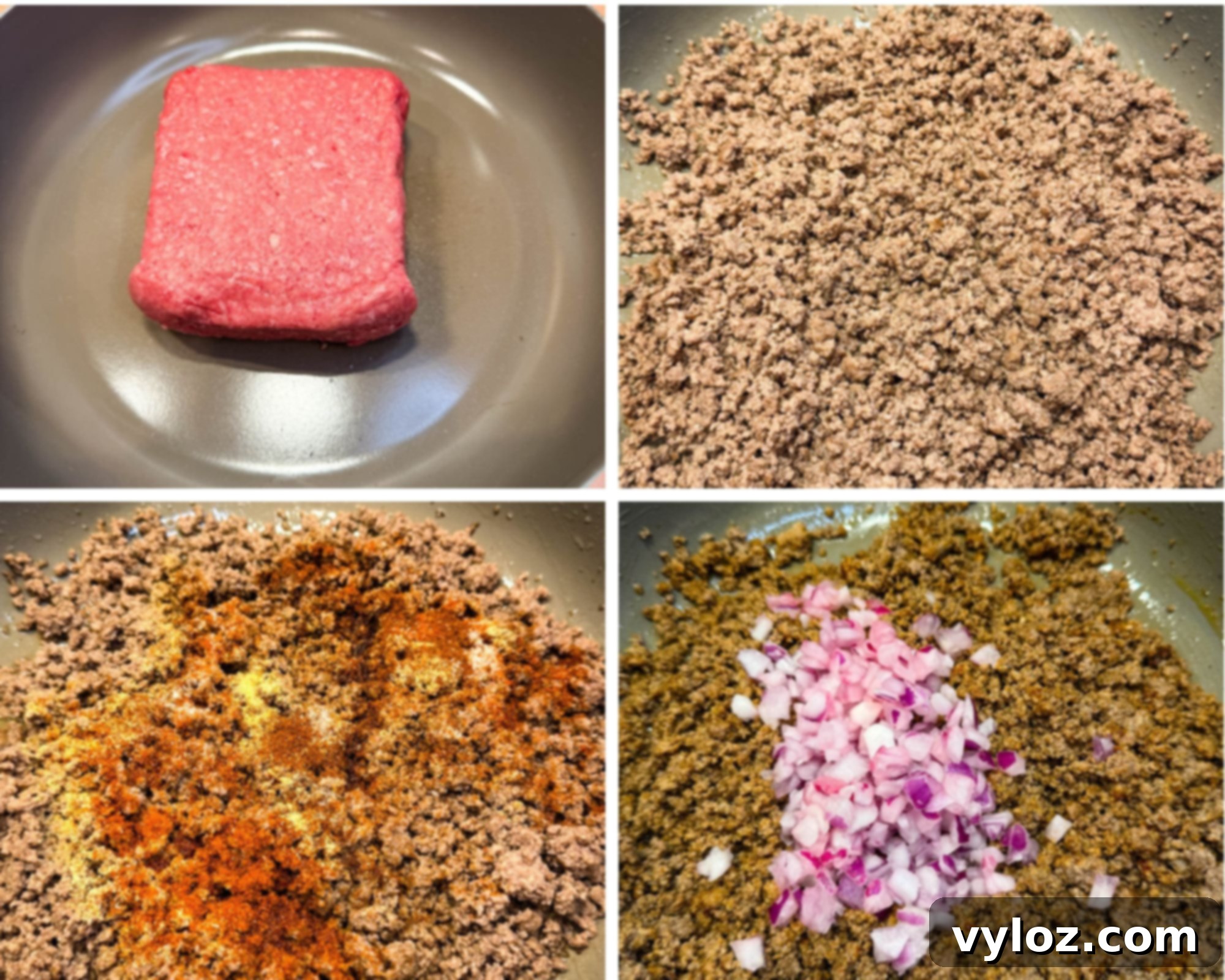 Step-by-step collage showing ground beef cooking in a skillet: starting with raw meat, then browned, seasoned with spices, and finally mixed with diced red onions.