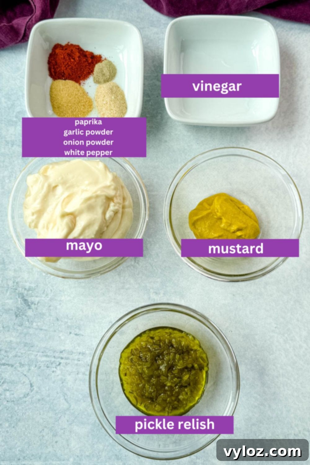 Labeled image showing ingredients for homemade Big Mac sauce, including mayo, mustard, sweet pickle relish, vinegar, and a dish of spices labeled paprika, garlic powder, onion powder, and white pepper.