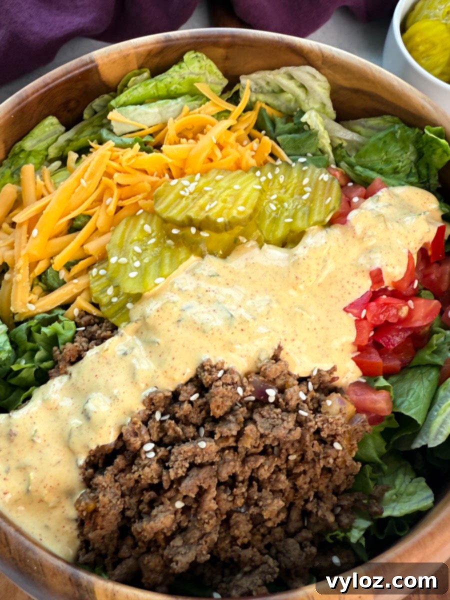 Close-up of Big Mac salad featuring a generous layer of pickles, shredded cheddar cheese, fresh lettuce, and ground beef with a creamy sauce drizzle and sesame seed garnish.