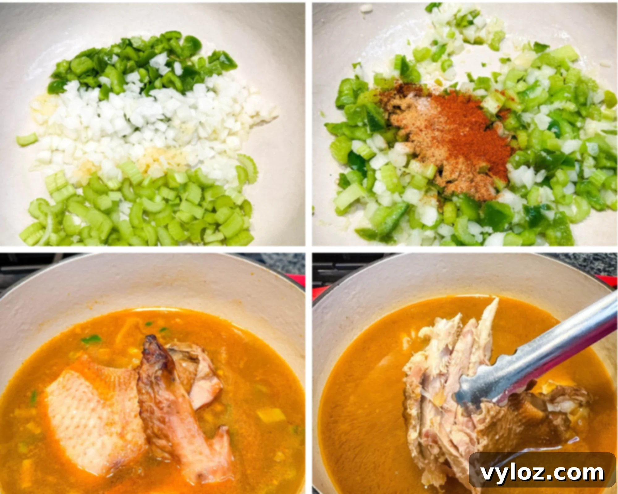 Chopped onion, celery, green bell pepper, and garlic in a pot ready to cook. Same vegetables sautéed with seasonings like paprika and Creole spice blend. Smoked turkey wing simmering in a pot of seasoned broth. Cooked smoked turkey being lifted out of the broth with tongs.