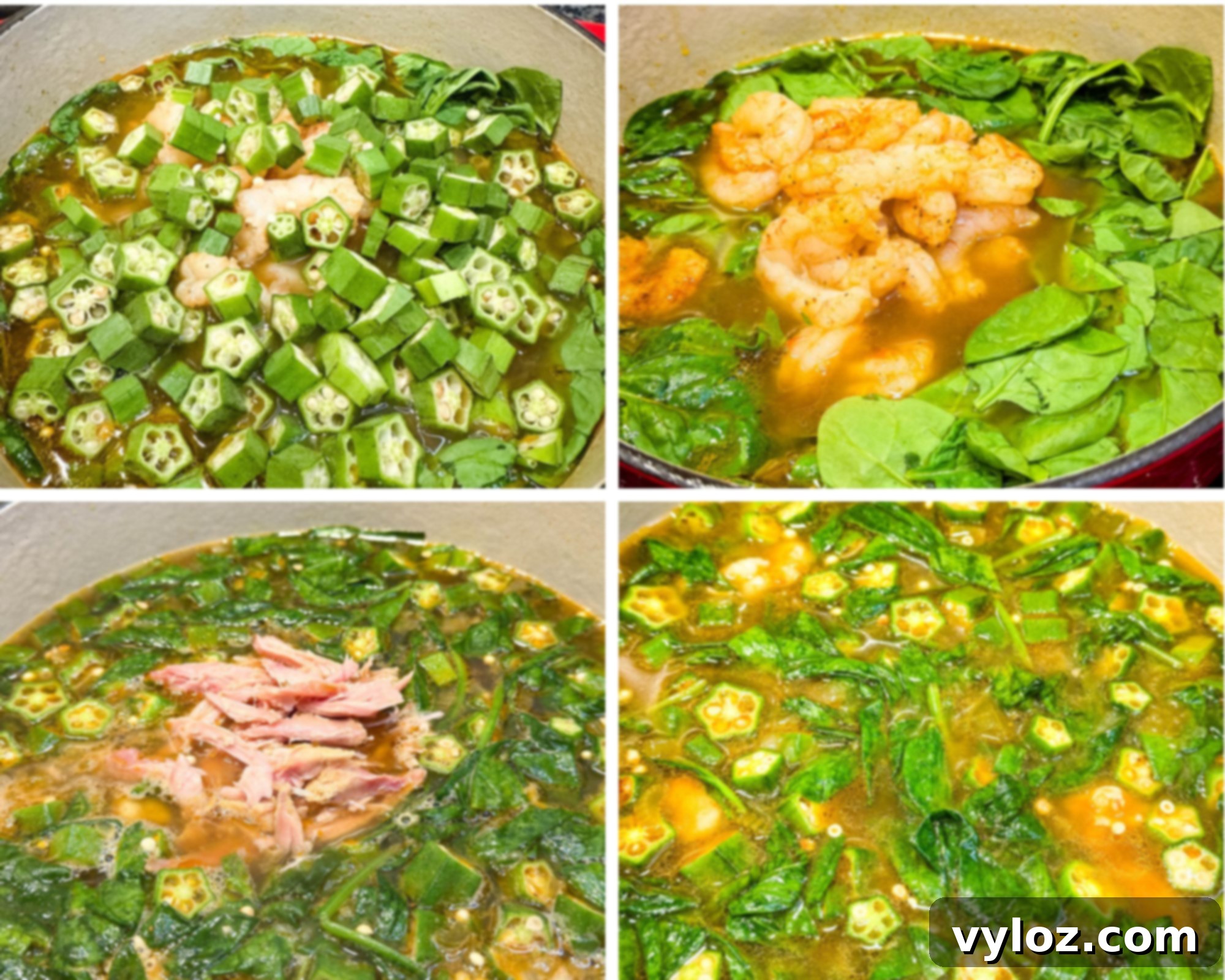 Chopped okra, shrimp, and spinach simmering in broth inside a large pot. Shrimp and fresh spinach leaves added to the pot of seasoned broth. Shredded smoked turkey meat added to the simmering pot of okra and greens. Pot of okra soup simmering with spinach, shrimp, and smoked turkey.