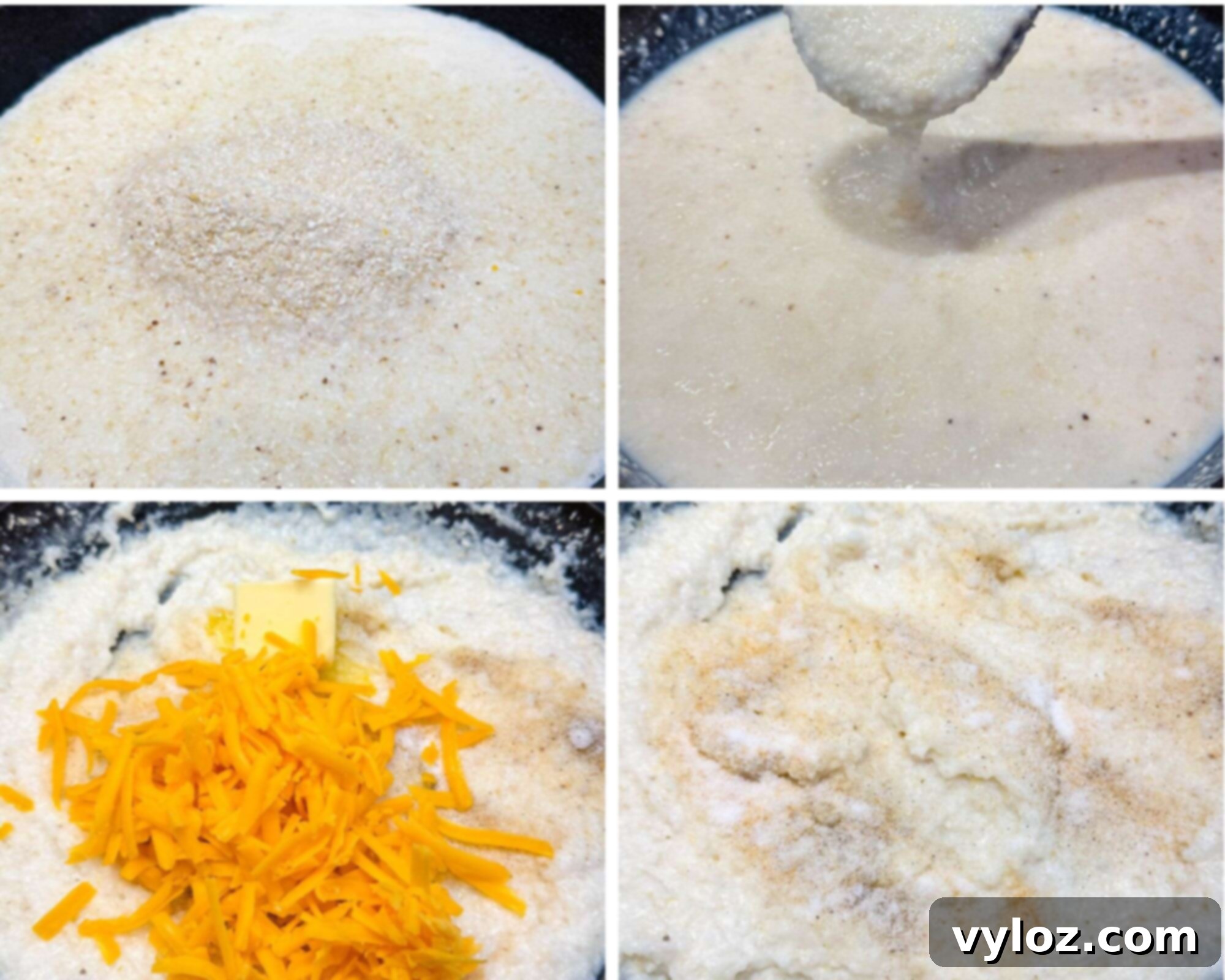 Collage showing step-by-step process of cooking Southern cheese grits: pouring grits into liquid, thickening stage, adding cheddar and butter, and final seasoning with salt and pepper.