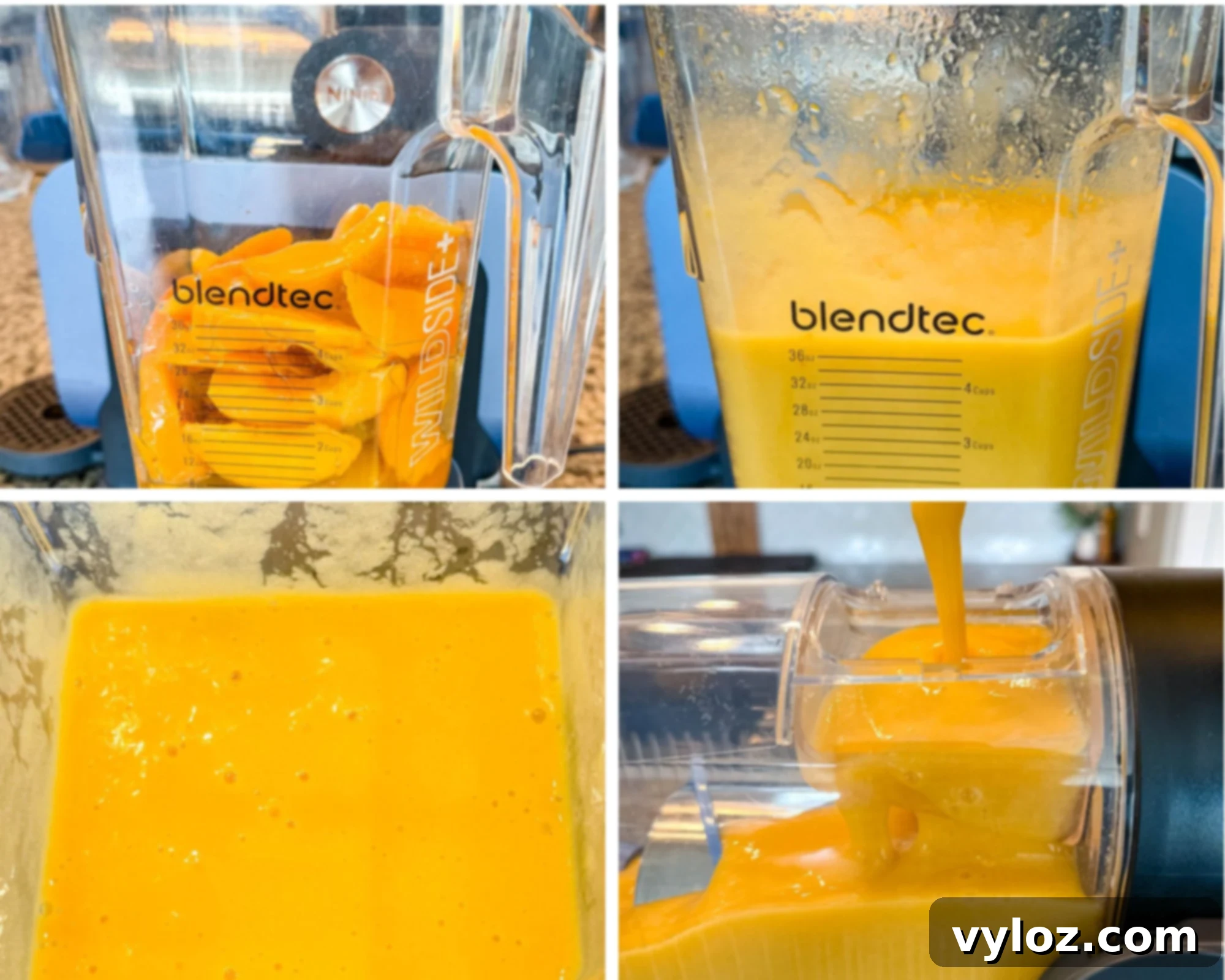 Perfectly sliced frozen peaches are ready inside a high-speed Blendtec blender jar before blending into a smooth, vibrant peach base for the Bellini.