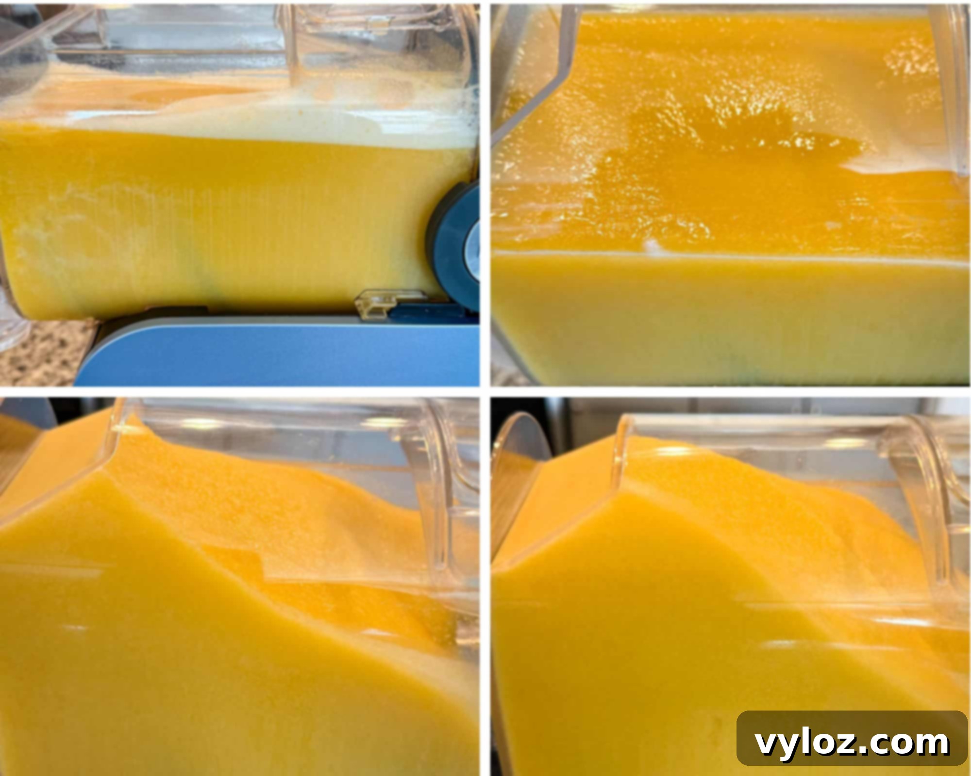 The peach and Prosecco mixture begins its transformation inside the Ninja Slushi machine, slowly chilling and thickening into the ideal slushy consistency for a perfect Bellini.