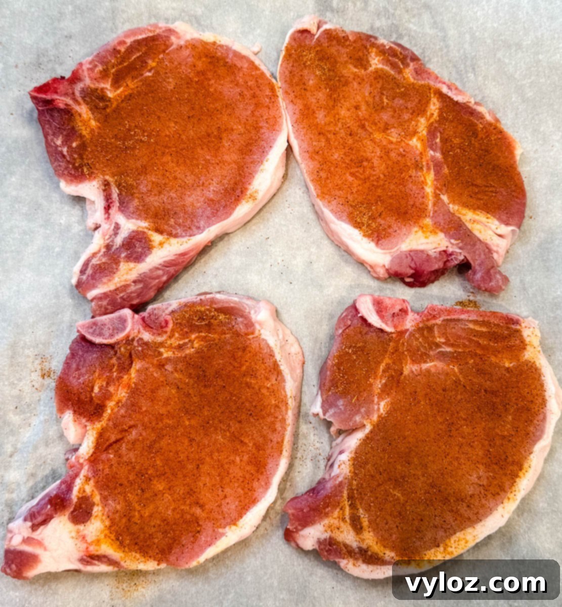Crispy Southern Fried Pork Chops 7 Four raw bone-in pork chops seasoned with spices, arranged on parchment paper.