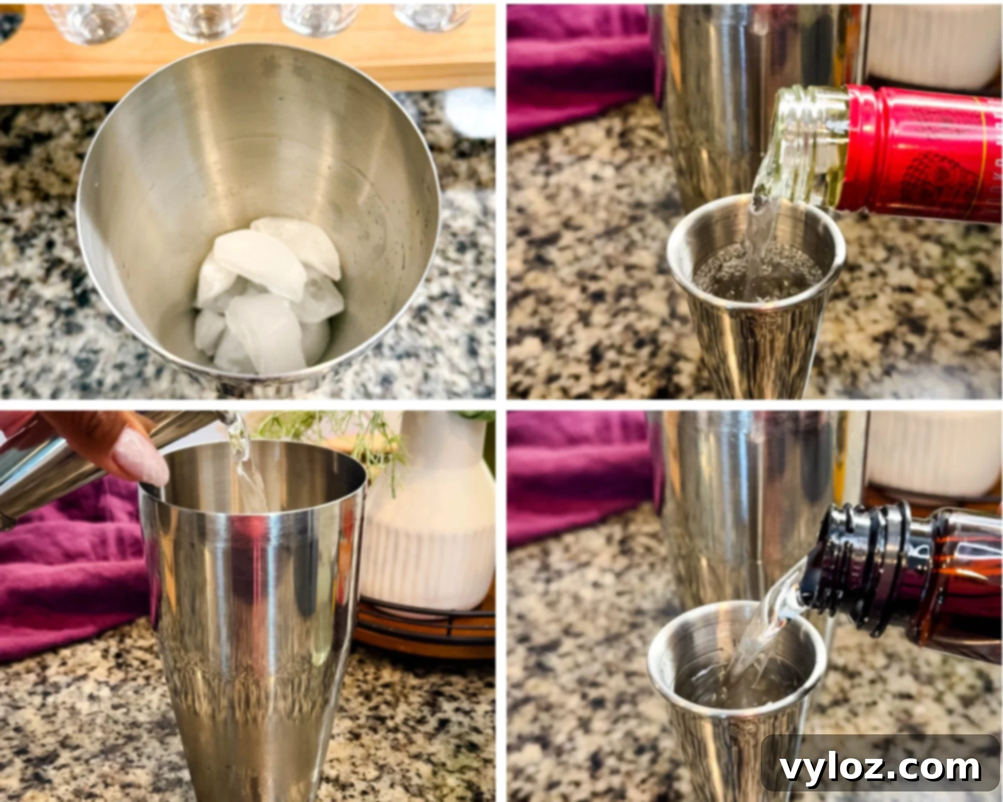 Boozy Bear Shots 4 A collage showing the process of preparing a cocktail. Top-left: ice cubes inside a metal cocktail shaker. Top-right: vodka being poured into a jigger. Bottom-left: liquid from the jigger being added to the shaker. Bottom-right: a second type of liquor being poured into a jigger.