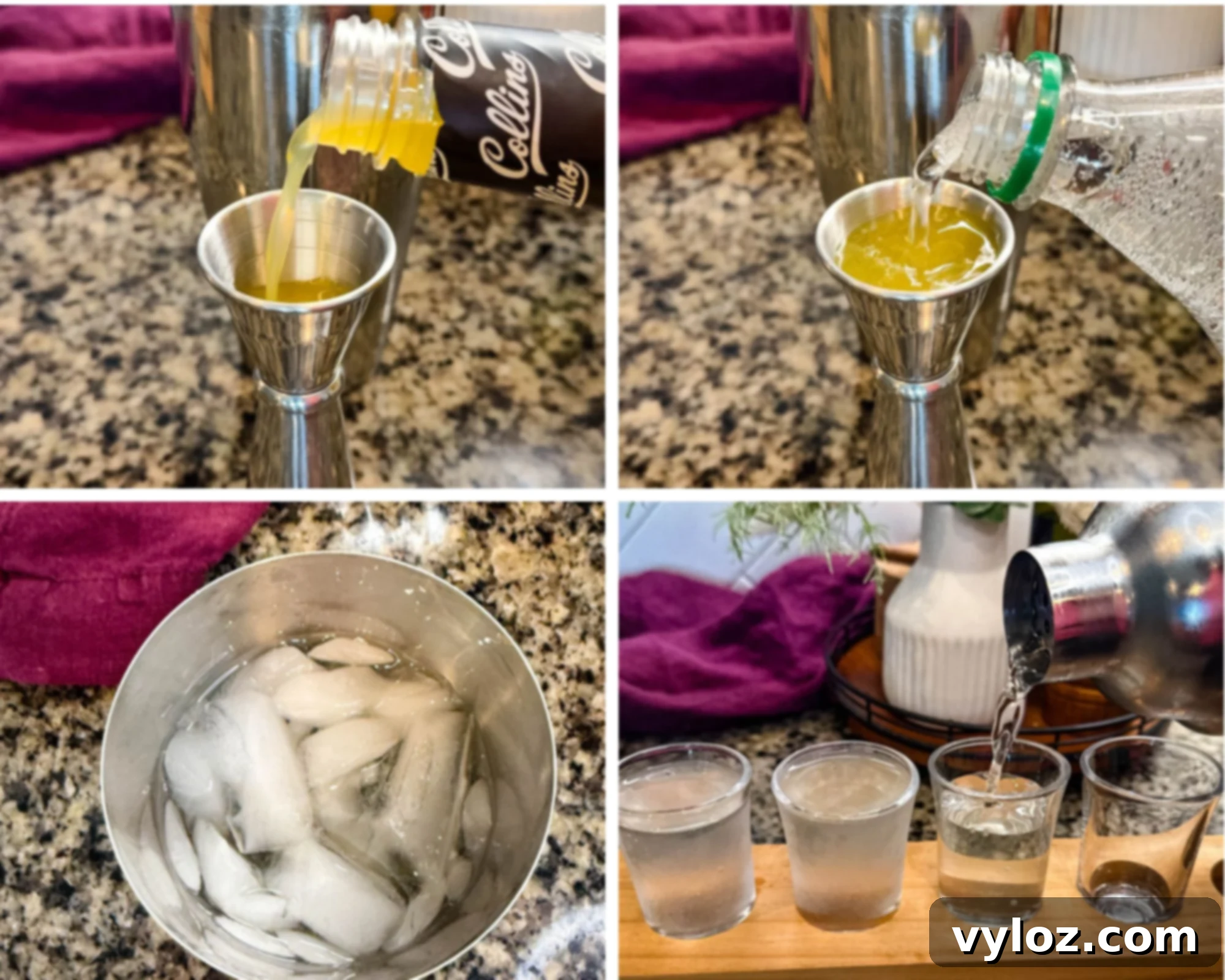 Boozy Bear Shots 5 A step-by-step collage showing ingredients being added to a cocktail shaker. Top-left: mango-flavored mixer is being poured into a jigger. Top-right: club soda is added to the same jigger. Bottom-left: ice in a metal shaker. Bottom-right: clear mixed liquid being poured into four shot glasses on a wooden flight board.