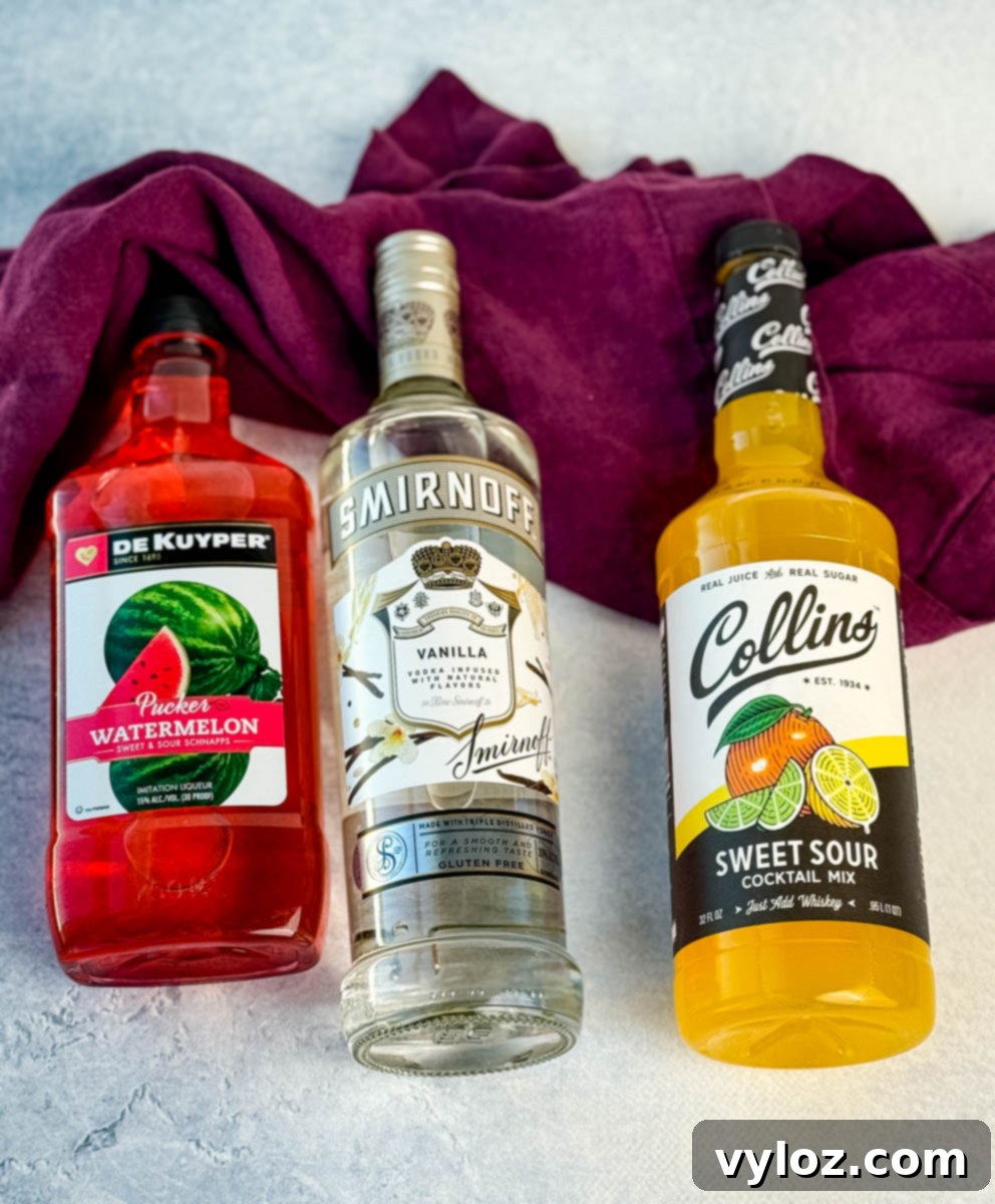 Bottles of DeKuyper Watermelon Schnapps, Smirnoff Vanilla Vodka, and Collins Sweet & Sour Mix arranged next to a purple kitchen towel.