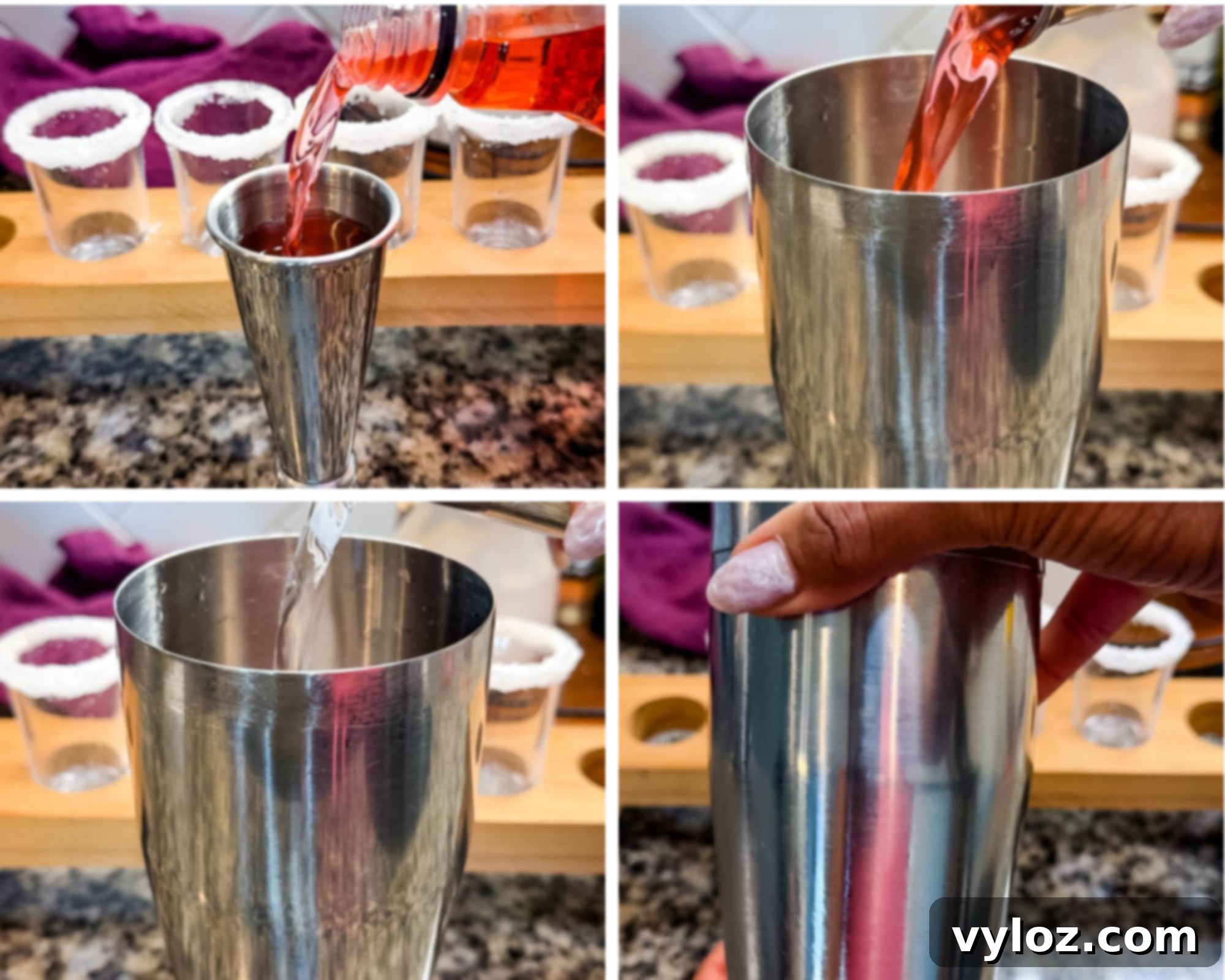 A four-photo collage showing the step-by-step process of making pink Starburst shots. The steps include pouring pink liquid and clear liquor into a jigger, transferring it to a stainless steel cocktail shaker, and preparing to shake. Sugar-rimmed shot glasses are lined up in the background on a wooden tray.