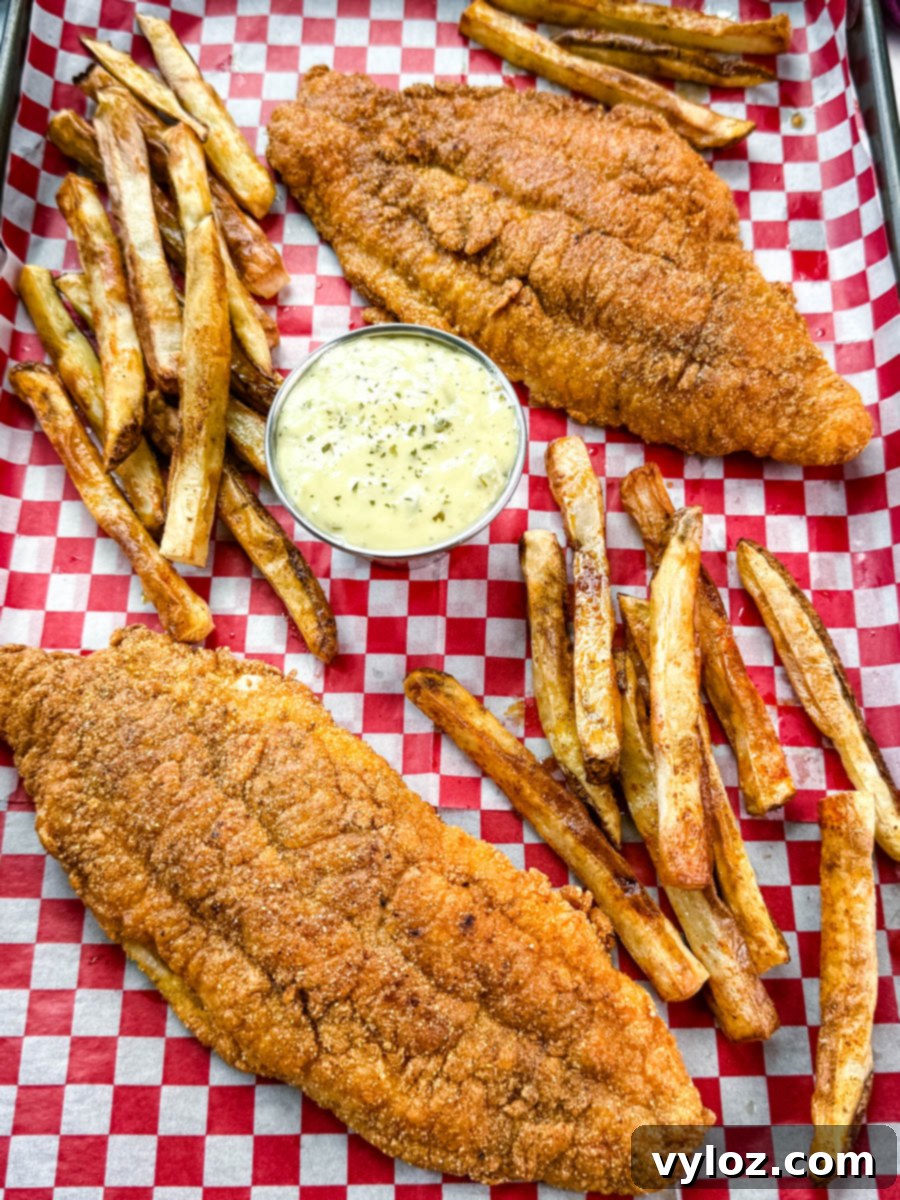 Golden fried catfish served with hand-cut fries and a side of creamy tartar sauce, all arranged on red and white checkered paper in a black tray.