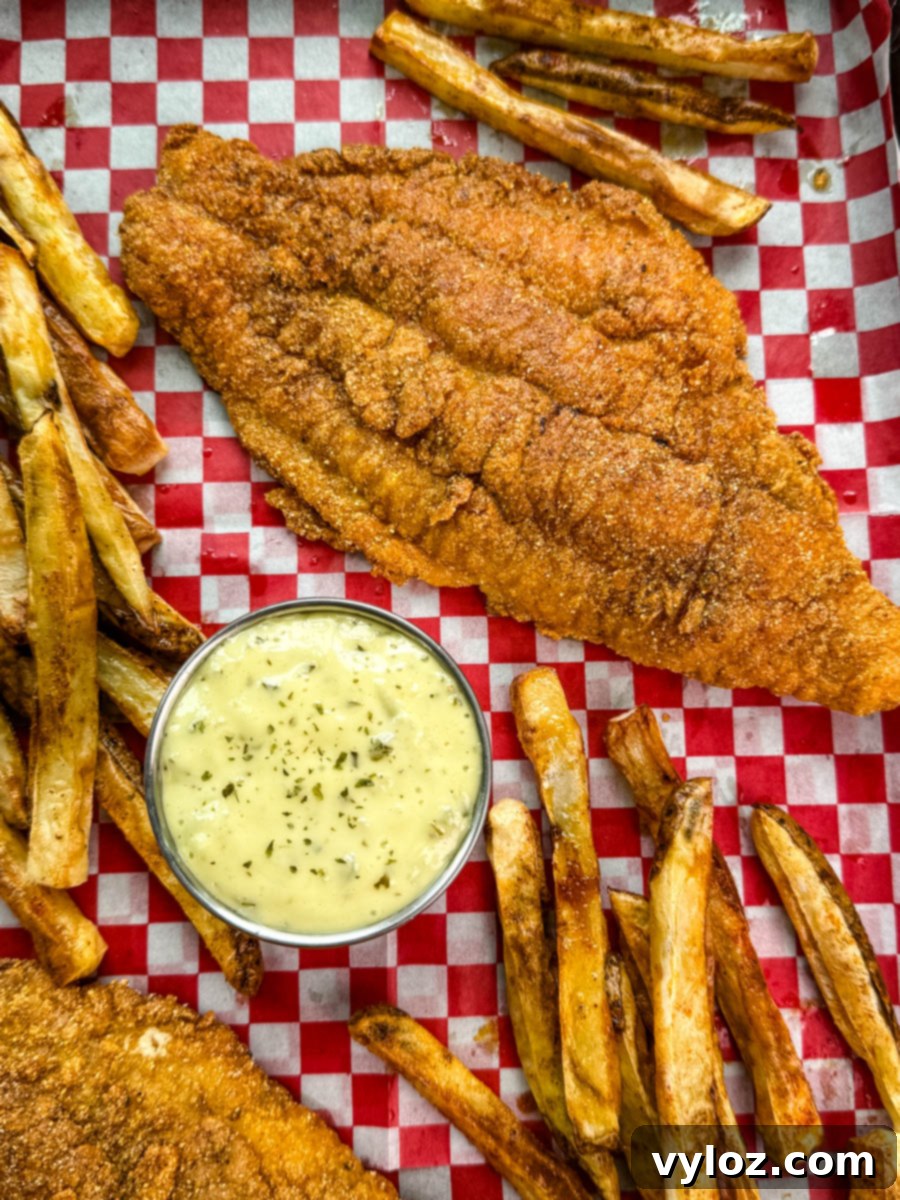 Overhead view of a crispy catfish fillet surrounded by fries and a cup of tartar sauce, all laid out on red and white checkered paper.