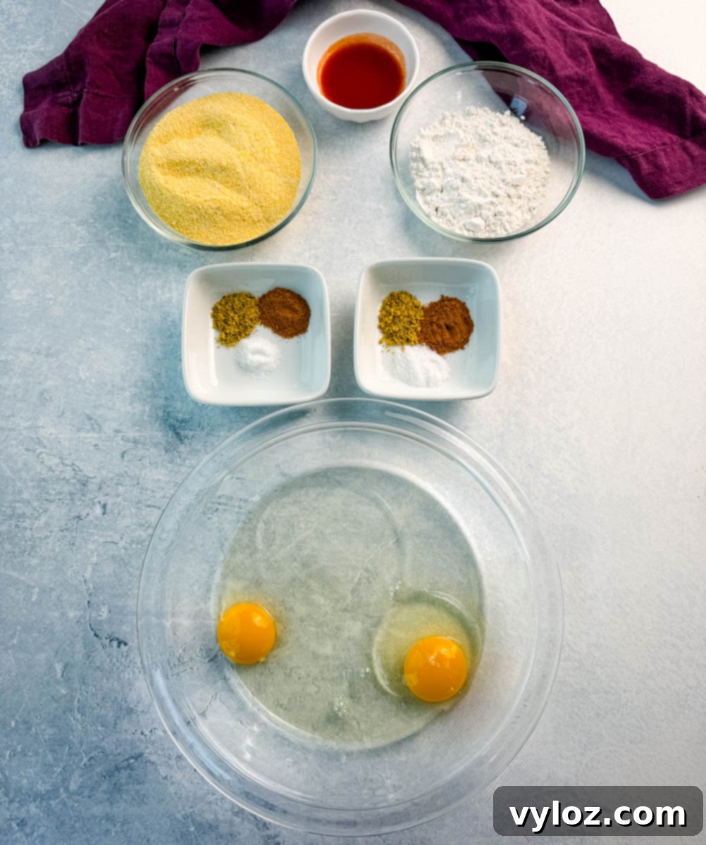 Flat lay of fish fry ingredients: cornmeal, flour, hot sauce, spices, and two cracked eggs in a clear bowl, all arranged on a light blue surface with a purple napkin.