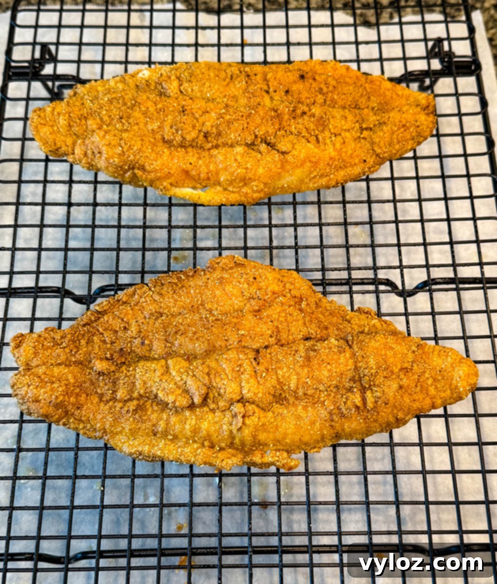 Two golden, crispy fried catfish fillets resting on a wire rack for cooling or draining, placed over parchment paper.