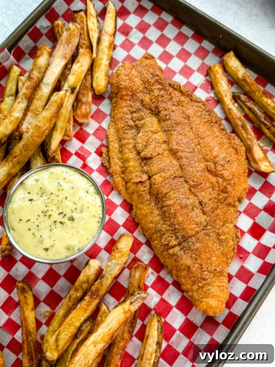 Fried catfish and crispy fries on a serving tray with a bowl of tartar sauce, styled on checkered deli paper with a bright, Southern fish fry feel.