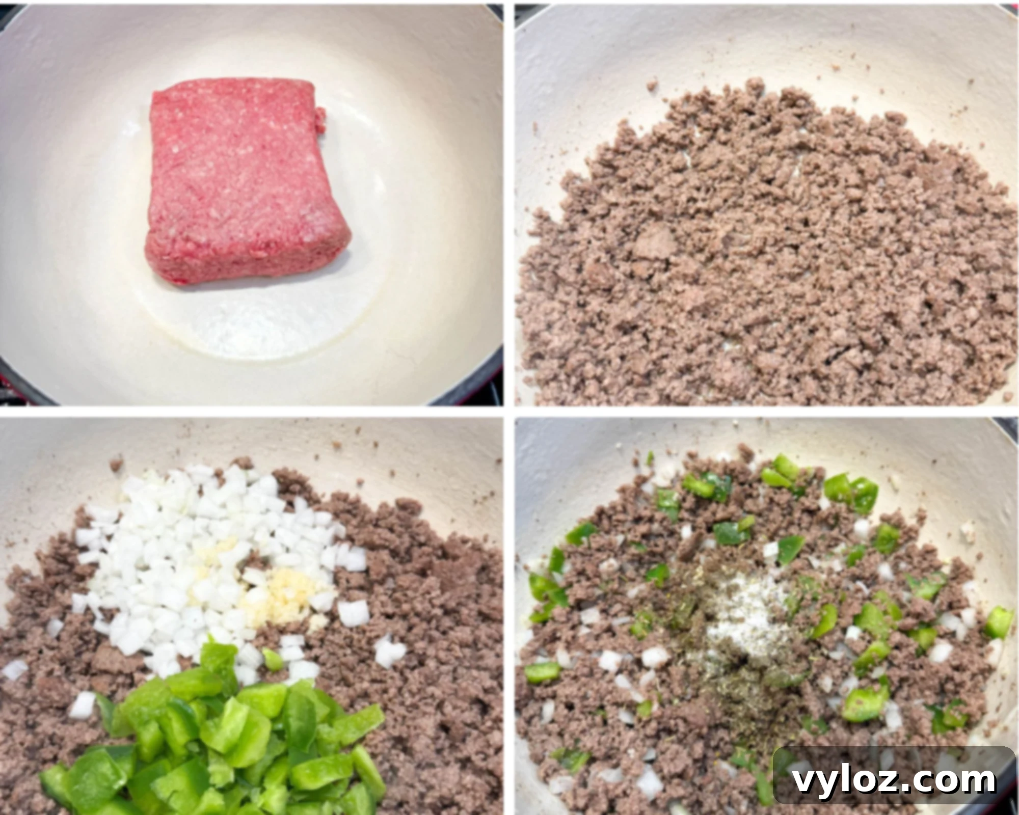 Four-step cooking collage showing the preparation of spaghetti. First, raw ground beef in a pot, then cooked and crumbled beef, followed by diced onions and green peppers added to the meat, and finally, seasonings being sprinkled over the mixture, all laid out on a light blue surface.