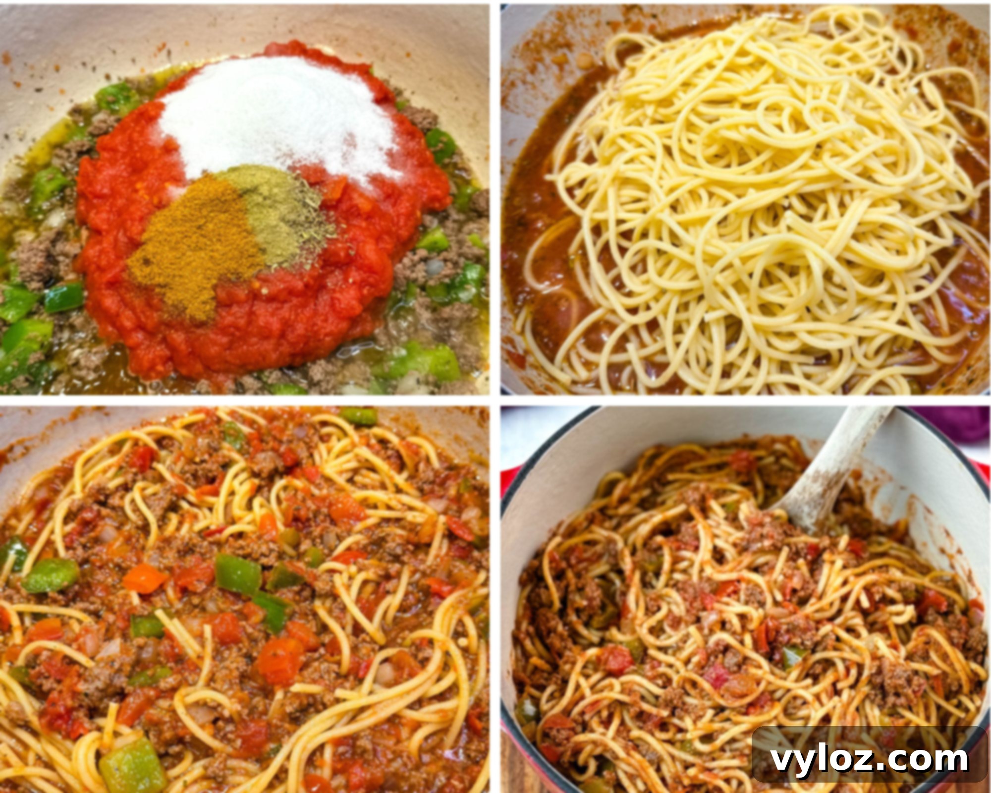Four-photo cooking collage illustrating the spaghetti making process. Top left shows browned meat with vegetables and seasonings in a pot. Top right depicts spaghetti noodles being added to the sauce. Bottom left shows the noodles thoroughly mixed into the sauce. Bottom right displays the finished, simmering spaghetti, ready to serve.