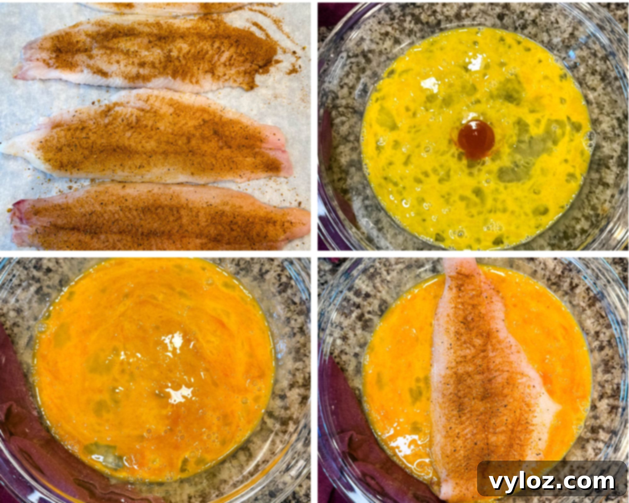 A four-step photo collage detailing the egg wash preparation for frying fish. The top left shows seasoned raw catfish fillets on parchment paper. Top right displays a bowl of beaten eggs with hot sauce. Bottom left features the fully whisked egg mixture. Bottom right captures a seasoned catfish fillet being placed into the egg mixture, ready for dredging.