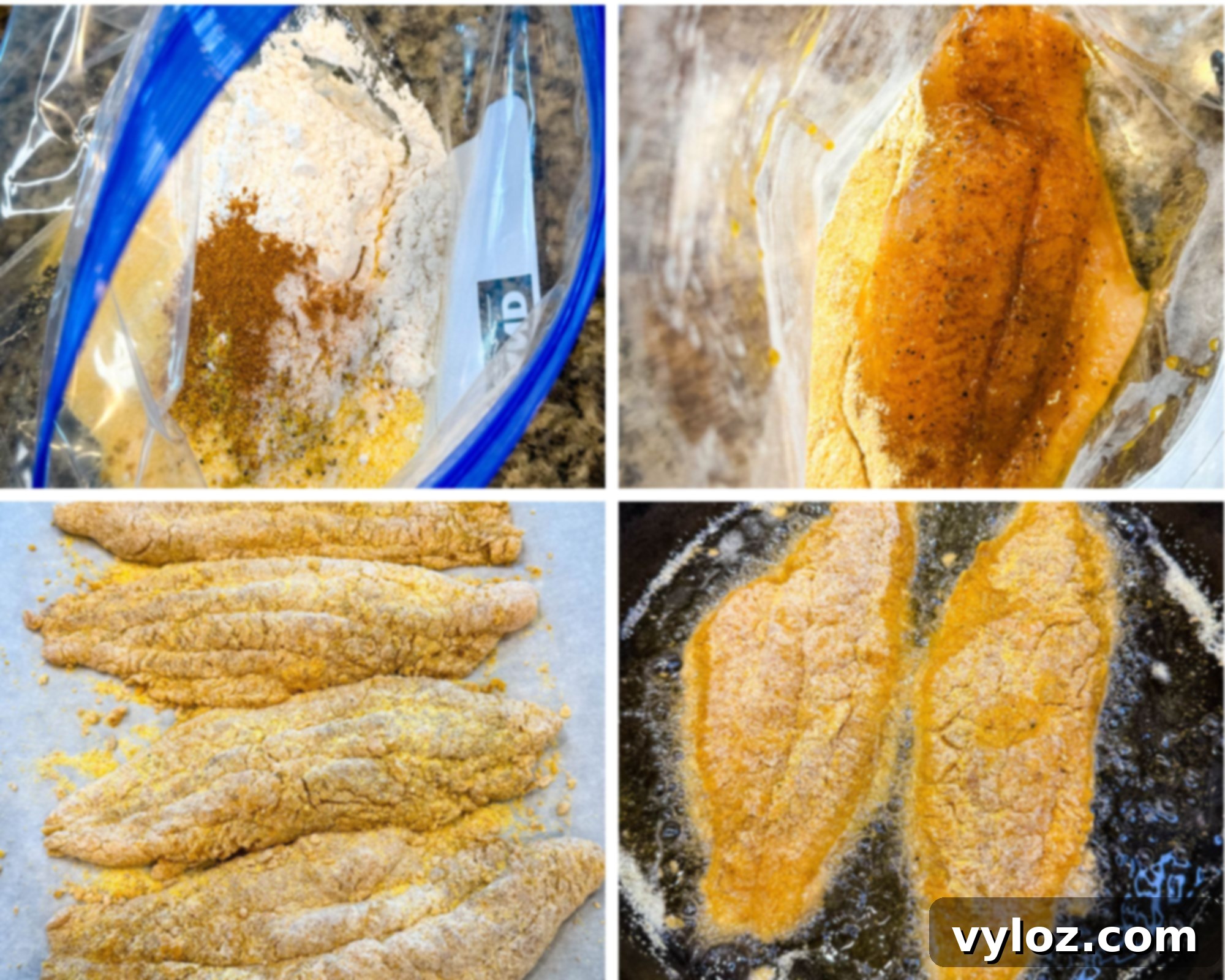 A four-step photo collage showcasing the process of breading and frying catfish fillets. Top left displays a plastic bag with flour, cornmeal, and seasonings. Top right shows a raw catfish fillet coated in the seasoning mix inside the bag. Bottom left features several breaded catfish fillets arranged on parchment paper. Bottom right captures two fillets frying in hot oil, turning golden and crispy.