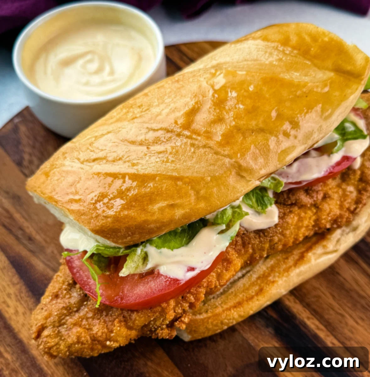A different angle of the catfish po’ boy showing the glistening toasted top bun and sandwich fillings peeking out: shredded lettuce, tomatoes, and sauce over a crisp fillet.