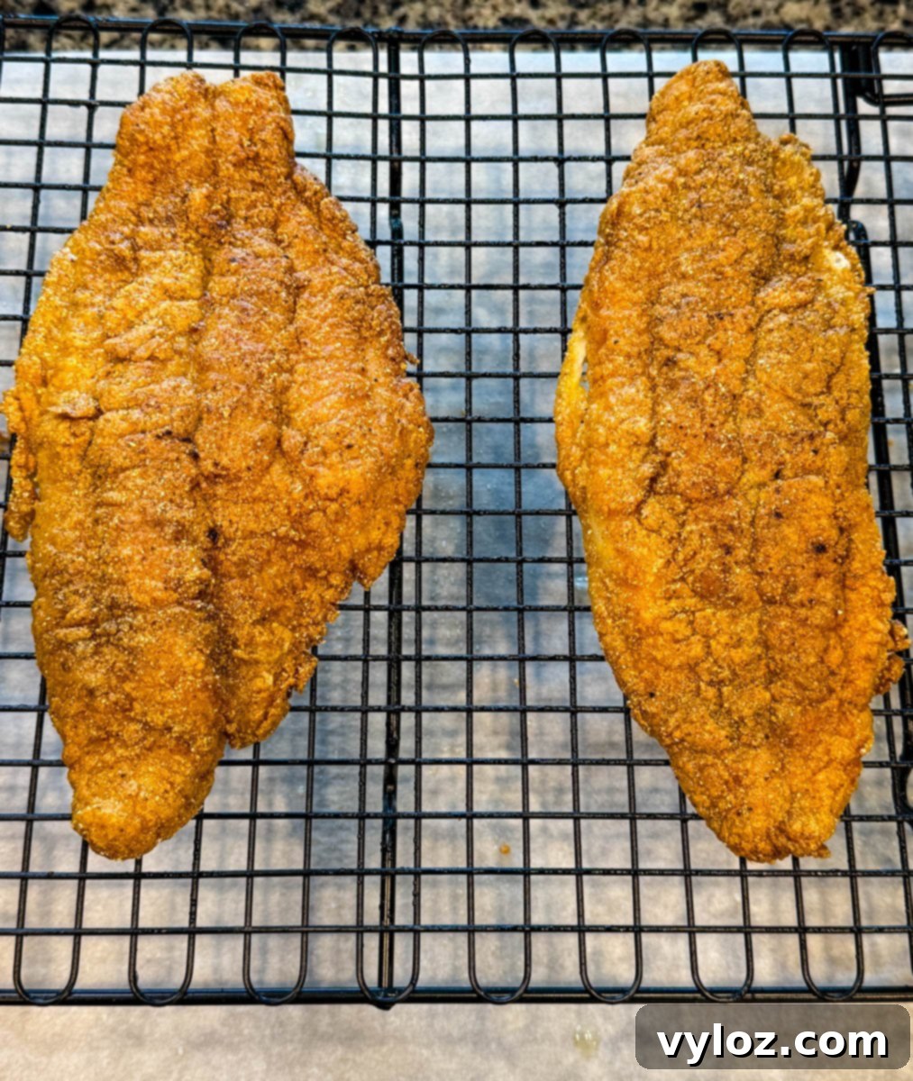 Two golden, crispy fried catfish fillets resting on a wire rack for cooling or draining, placed over parchment paper.
