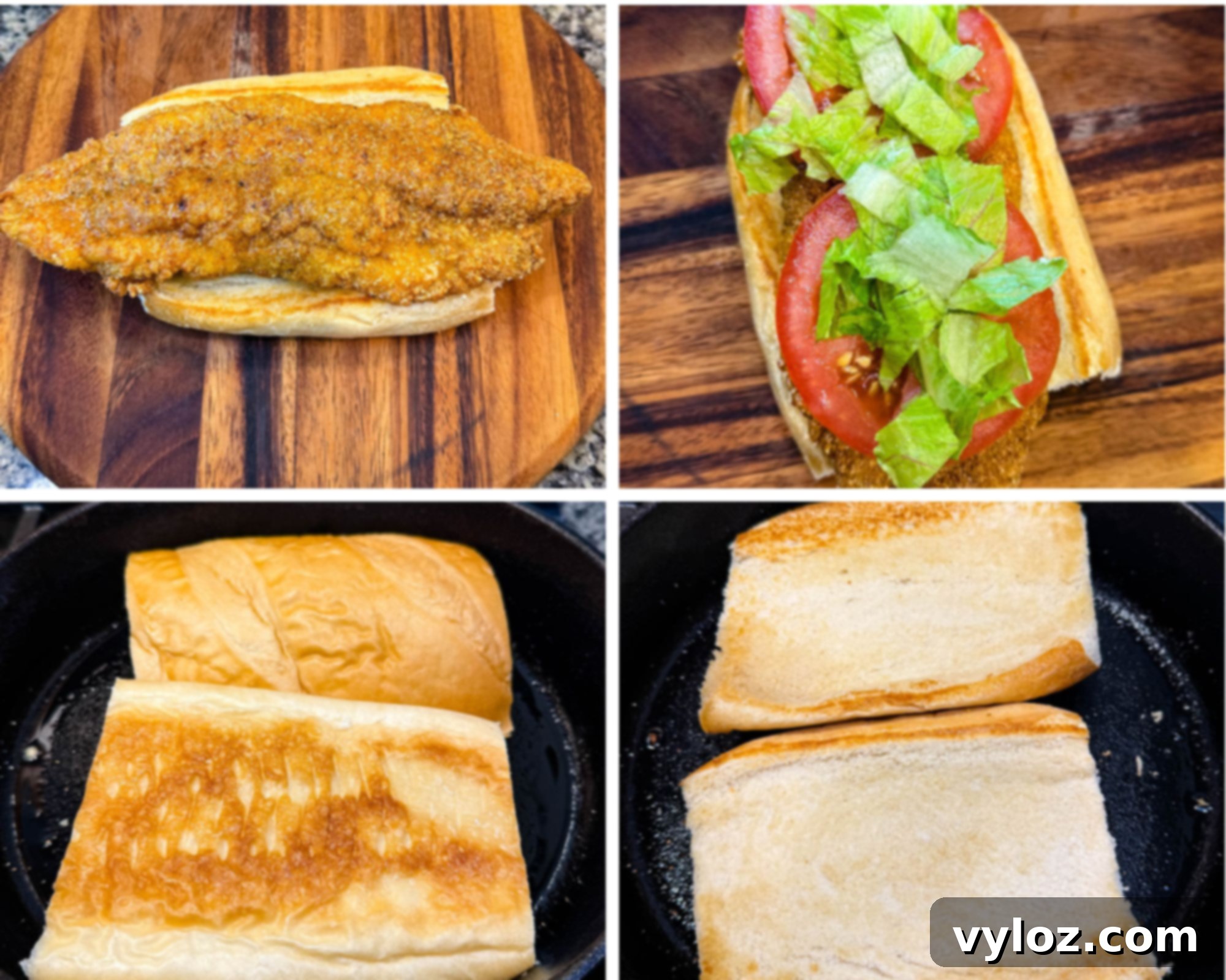 4 photo collage A single crispy catfish fillet on a toasted hoagie roll on a wooden cutting board. The sandwich topped with fresh sliced tomatoes and shredded lettuce. Two hoagie rolls being toasted cut side down in a black cast iron skillet. The other side of the rolls toasting to golden brown perfection in the skillet.