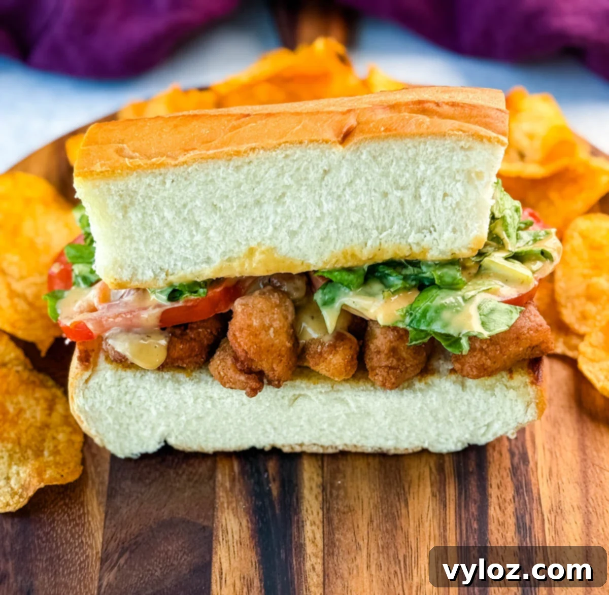 Crispy Chicken Po Boy 11 Front-facing shot of a stacked crispy chicken po' boy showing the golden fried chicken, fresh tomato slices, crisp lettuce, and creamy sauce inside a fluffy hoagie roll, with potato chips blurred in the background. A complete and enticing sandwich.