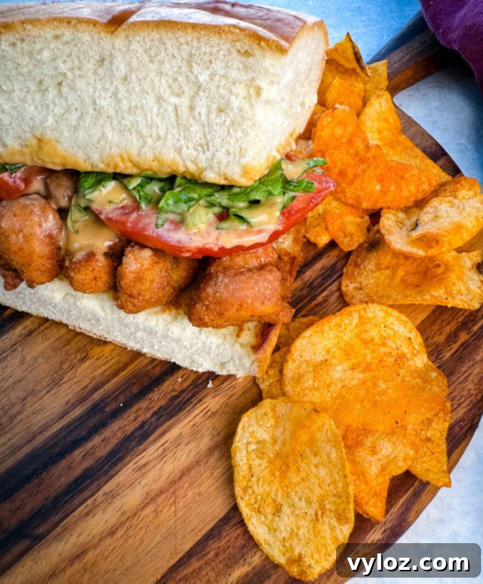 Crispy Chicken Po Boy 12 A close-up of a crispy chicken po' boy sandwich on a wooden board, topped with lettuce, tomato, and creamy sauce, served with seasoned potato chips on the side. A perfect meal presentation.