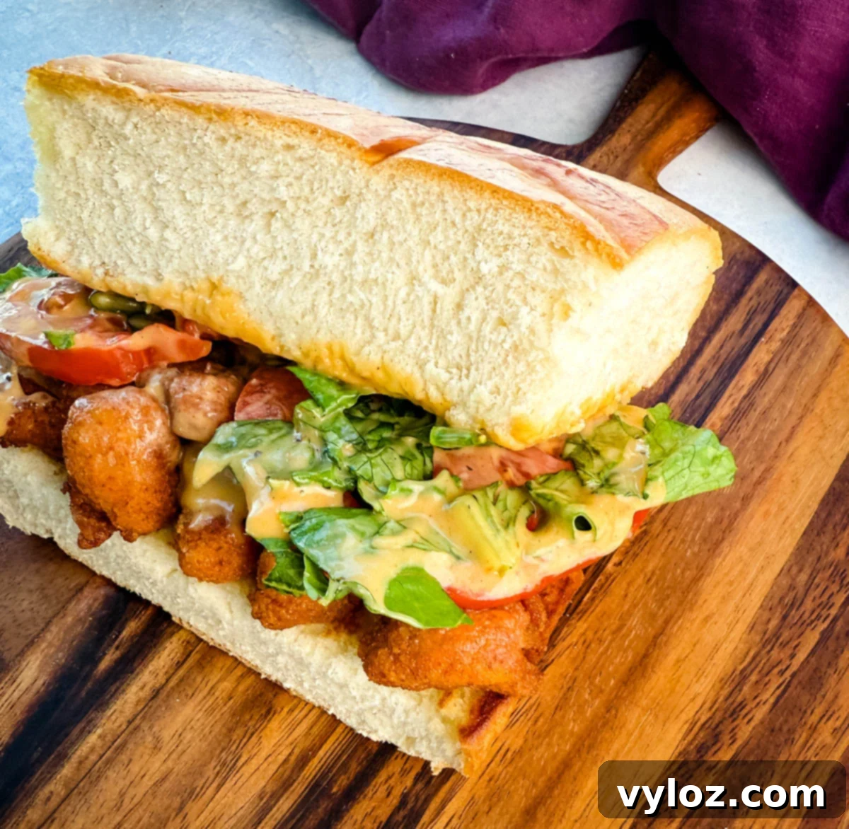 Crispy Chicken Po Boy 14 Angled view of a crispy chicken po' boy sandwich loaded with toppings and served with seasoned chips, resting on a wooden serving board. A final, inviting presentation of the meal.