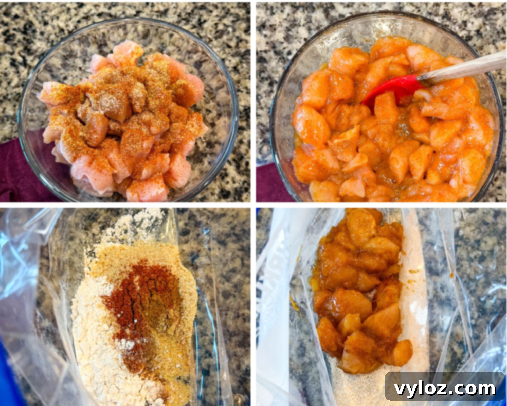 Crispy Chicken Po Boy 5 Four images showing the steps for seasoning and breading chicken: raw chicken chunks with seasoning in a glass bowl, seasoned chicken mixed with marinade, dry breading ingredients in a bag, and the marinated chicken added to the bag of breading. Demonstrates the preparation process.