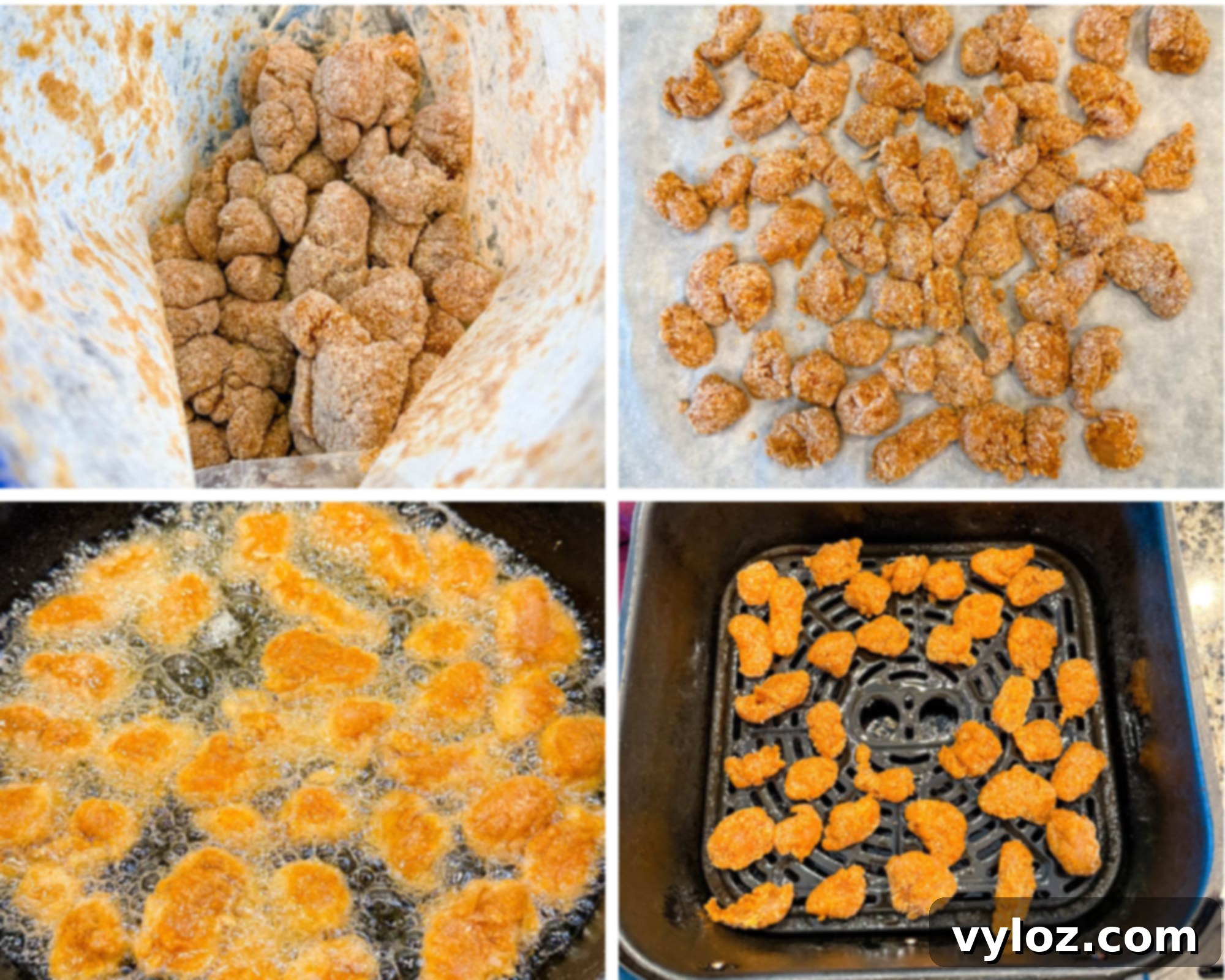 Crispy Chicken Po Boy 6 Four images showing the process of preparing crispy chicken: chicken pieces in a seasoned breading bag, breaded chicken on a tray ready to cook, chicken frying in oil in a skillet, and breaded chicken cooking in an air fryer basket. Highlights both frying methods.