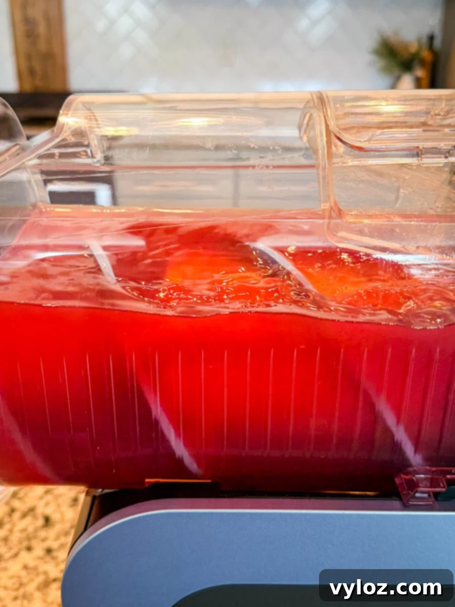 The Ninja Slushi machine filled with fruit punch and ice, ready to be processed.