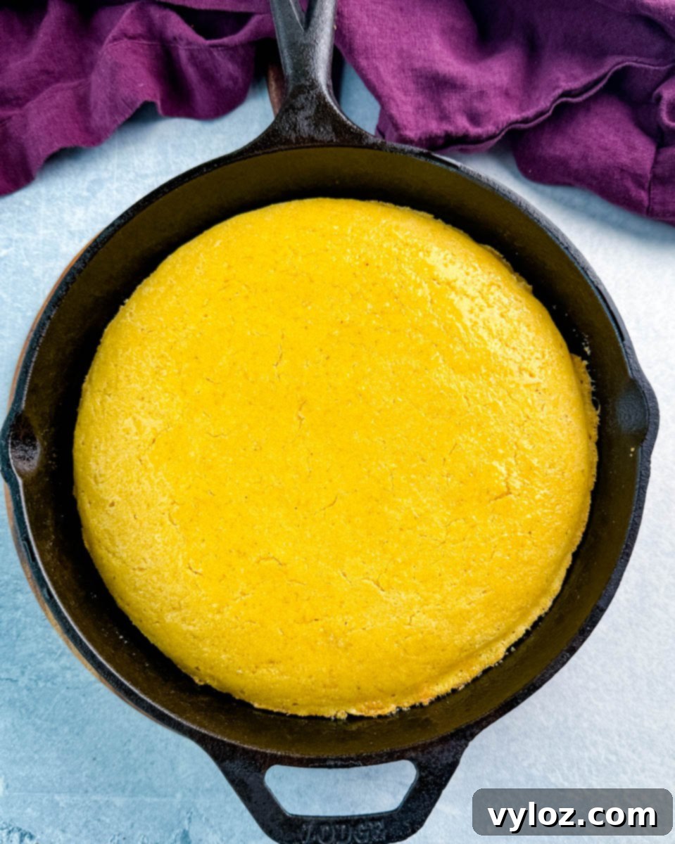 A freshly baked Southern cornbread, golden and inviting, resting in a seasoned cast iron skillet, showcasing its perfectly crispy edges and moist interior, ready to be prepared for the salad.