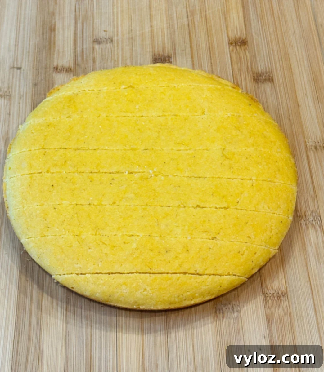 A freshly baked cornbread round, perfectly golden, meticulously scored into even cubes on a rustic wooden cutting board, ready for crumbling and layering in the Southern Cornbread Salad.