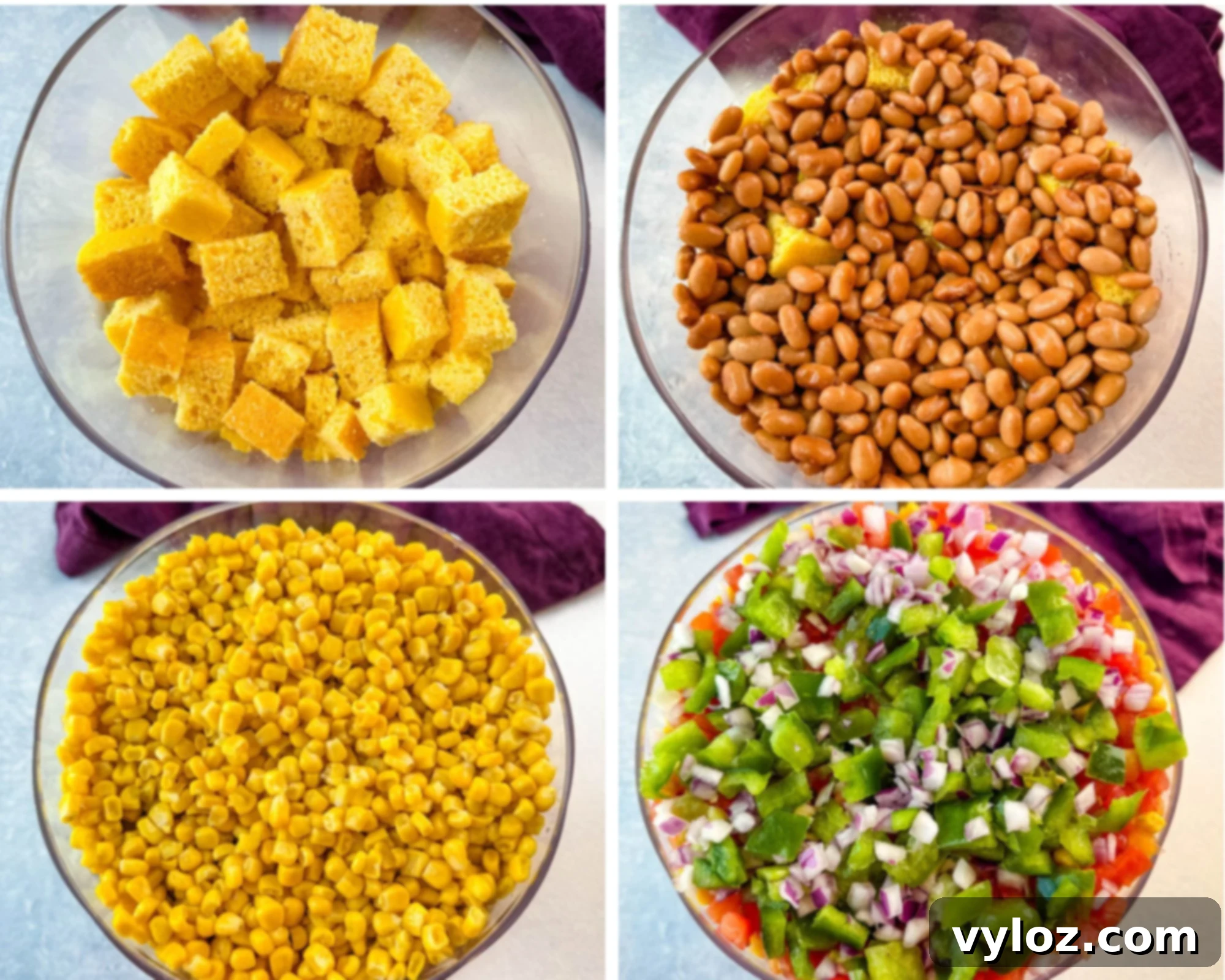A vibrant collage showcasing the essential building blocks of a Southern Cornbread Salad: golden, cubed cornbread, hearty pinto beans layered over cornbread, bright yellow canned corn, and a colorful mix of freshly diced green bell peppers, red onions, and tomatoes.