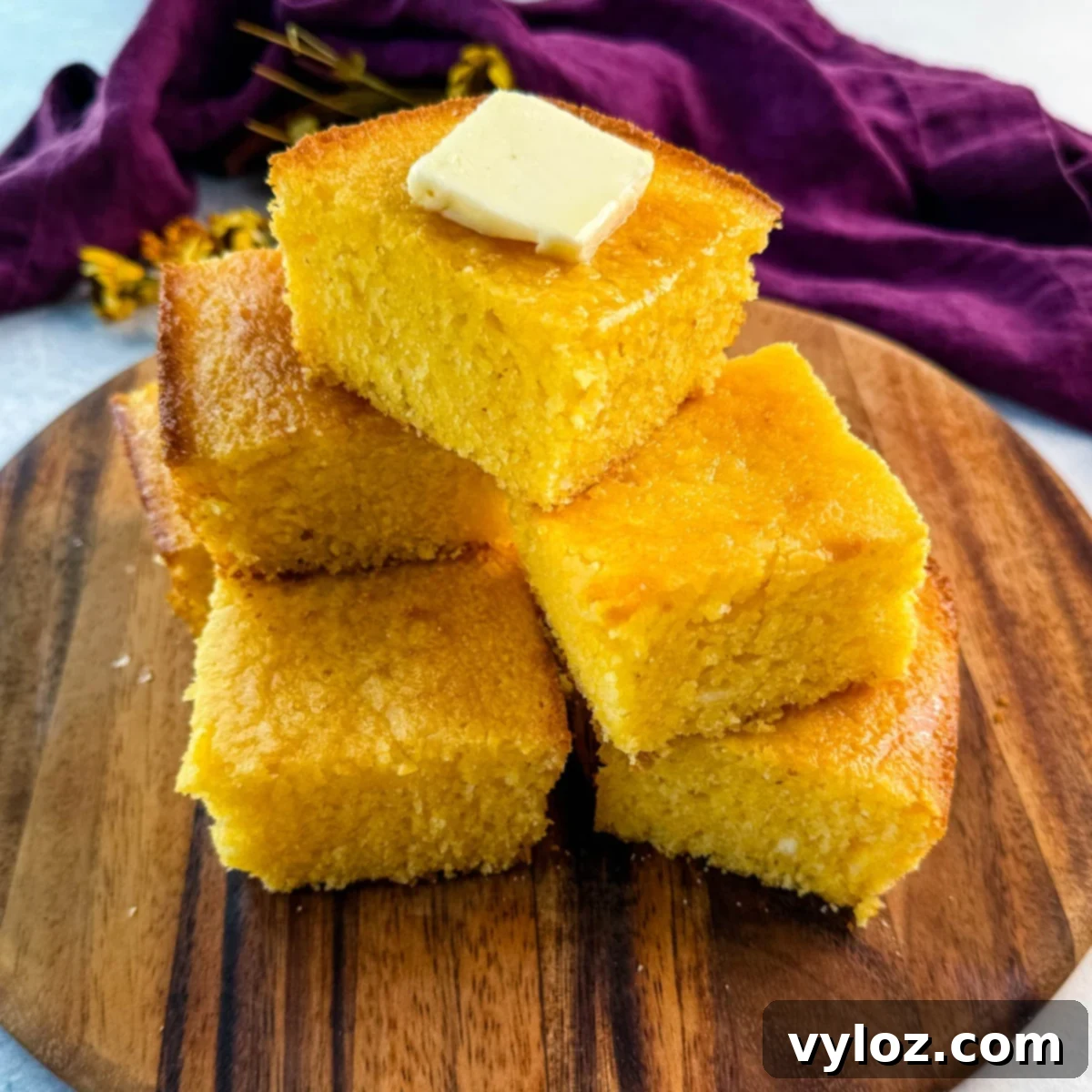 A stack of golden, fluffy cornbread squares on a wooden board, topped with a pat of melting butter, with a purple cloth in the background.