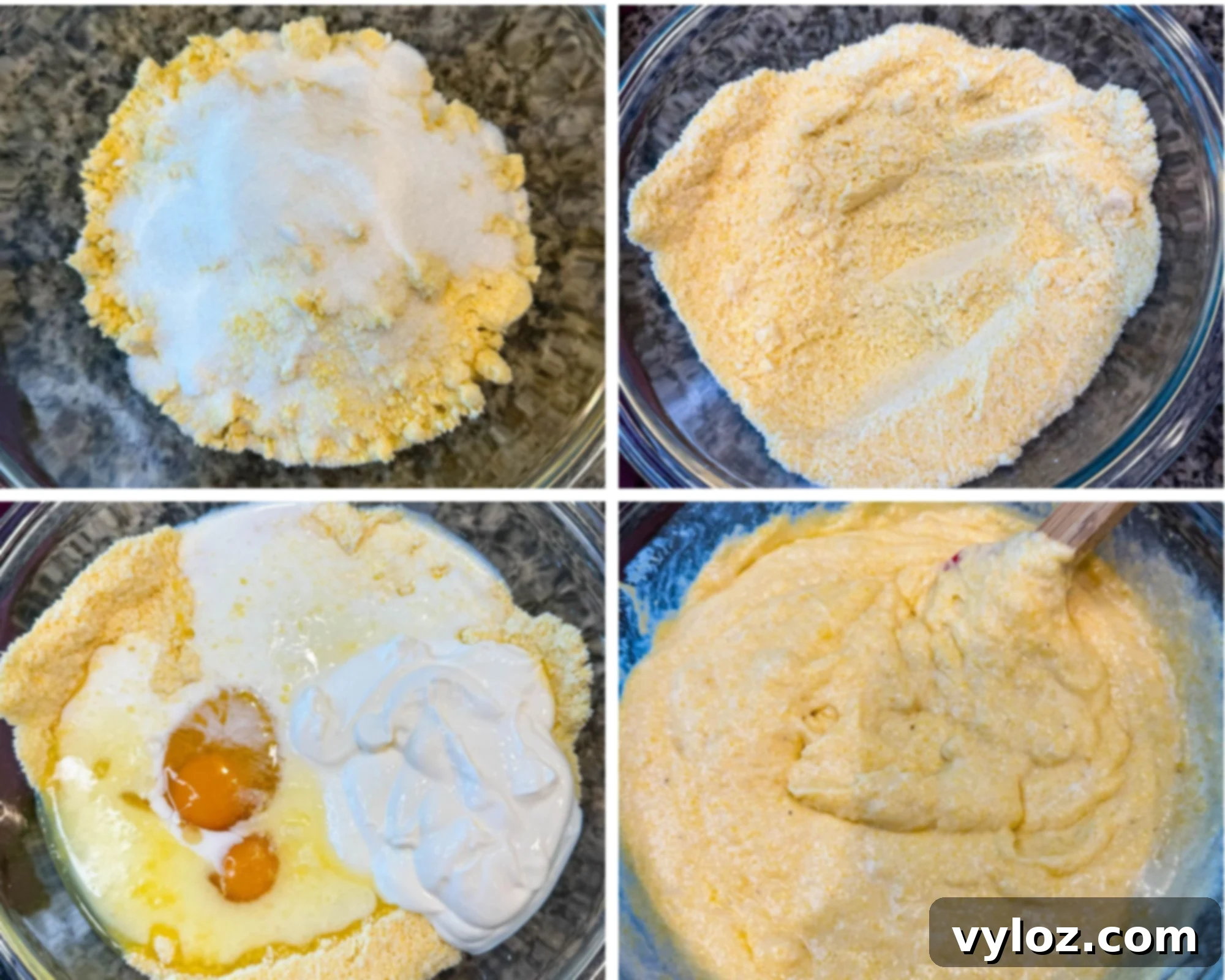 Four-step collage showing the process of making Jiffy cornbread: dry mix and sugar in a bowl, dry ingredients stirred together, eggs, milk, sour cream, and melted butter added, and the final mixed cornbread batter.