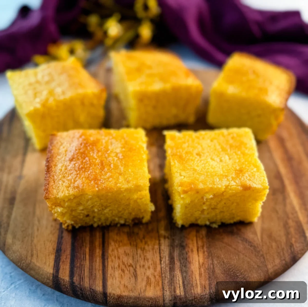 Five golden cornbread squares arranged in a circle on a round wooden board with a purple cloth and yellow flowers in the background.
