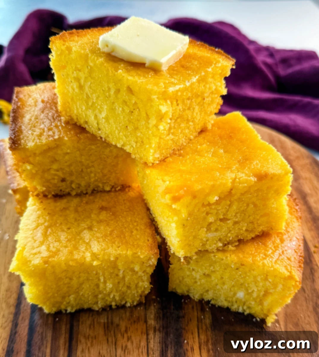 A stack of golden, fluffy cornbread squares on a wooden board, topped with a pat of melting butter, with a purple cloth in the background.