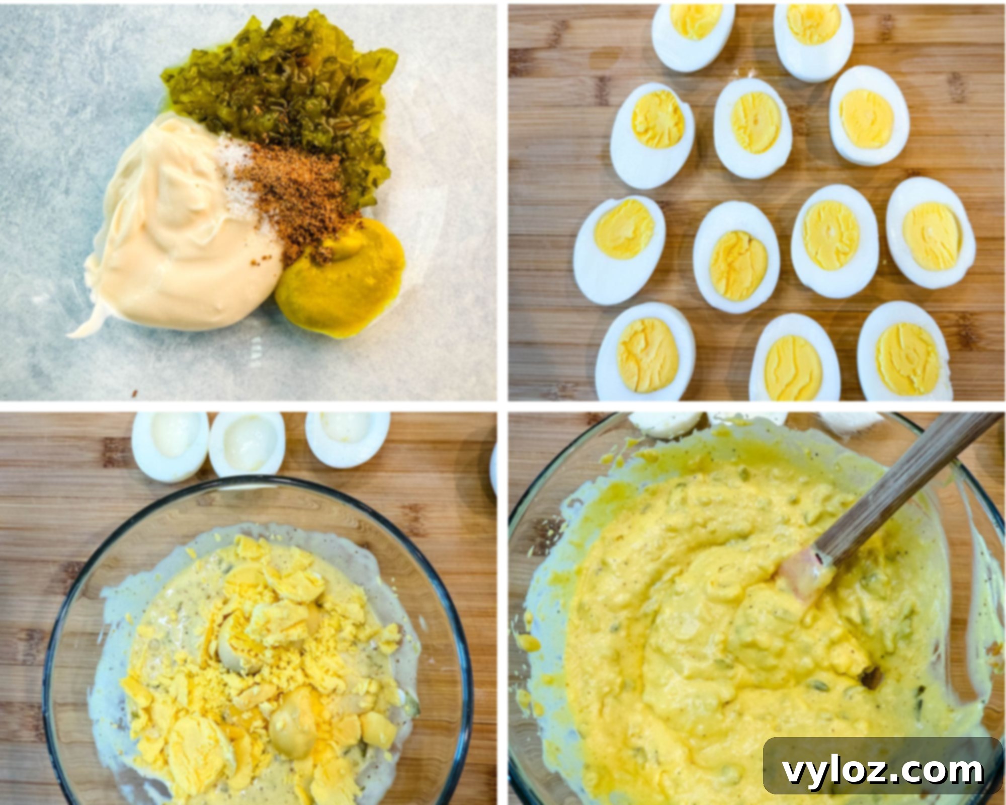 Homestyle Southern Deviled Eggs 8 Four-image collage: relish, mayo, mustard, and seasoning on a surface; halved boiled eggs with yolks removed; egg yolks in a bowl with dressing; mixed deviled egg filling in a bowl.